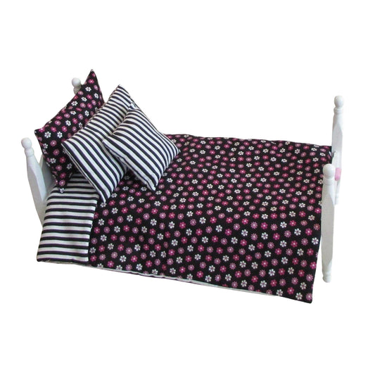 Black Floral and Stripes Doll Comforter Set for 18-inch dolls