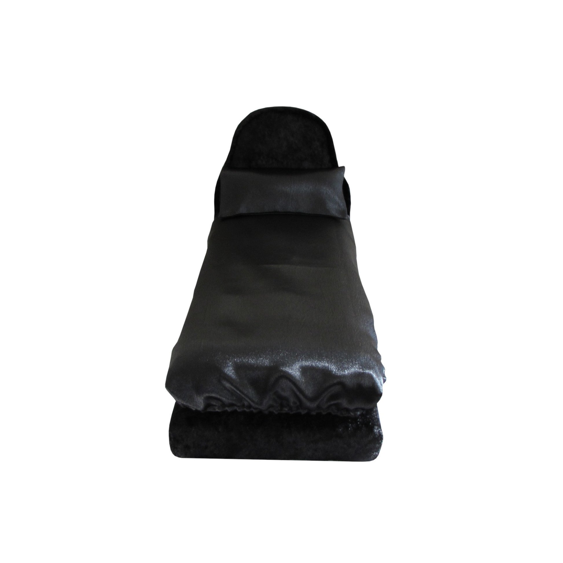 Black Satin Doll Fitted Sheet, Pillow, and Black Crushed Velvet Doll Bed for 11.5-inch and 12-inch dolls Second view