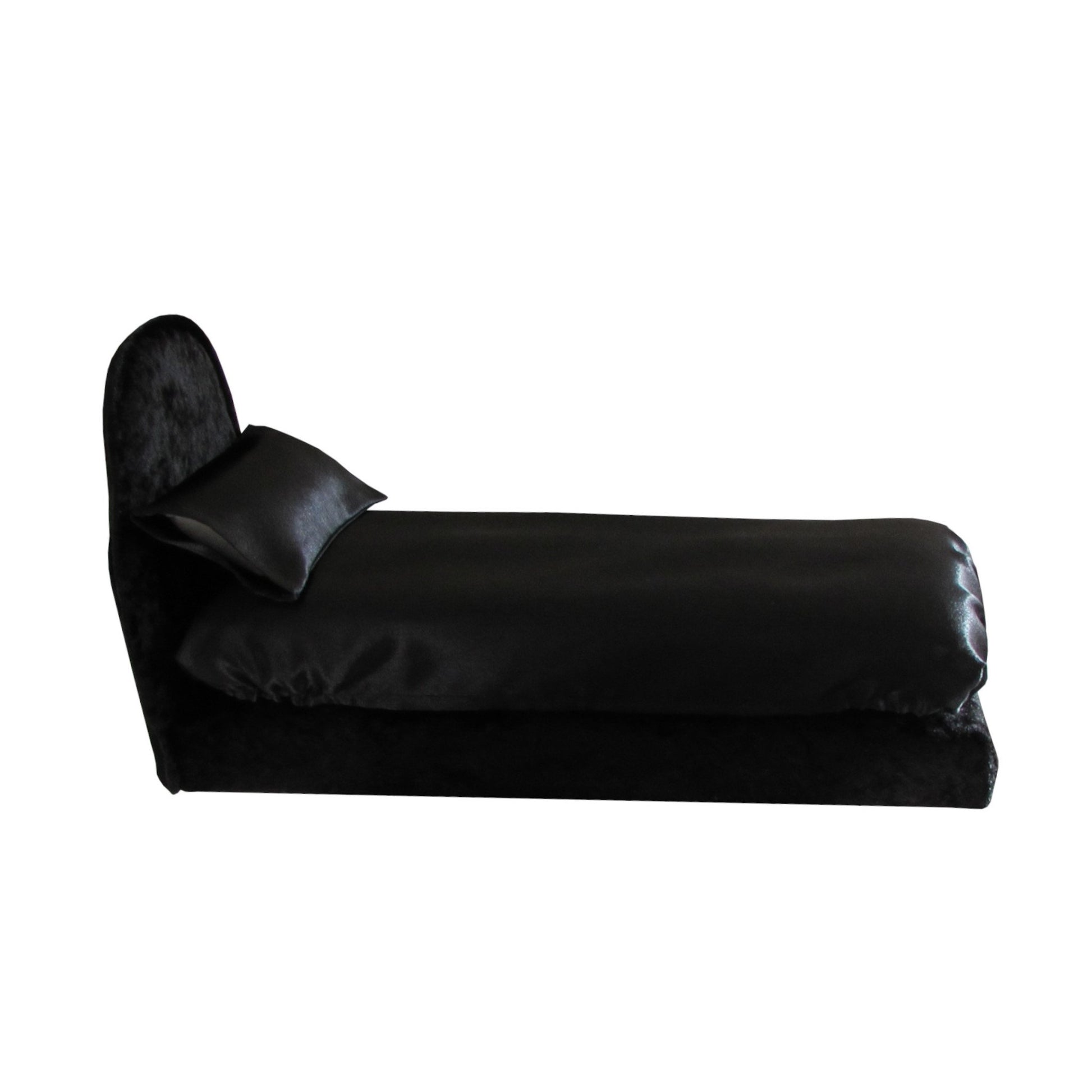 Black Satin Doll Fitted Sheet, Pillow, and Black Crushed Velvet Doll Bed for 11.5-inch and 12-inch dolls
