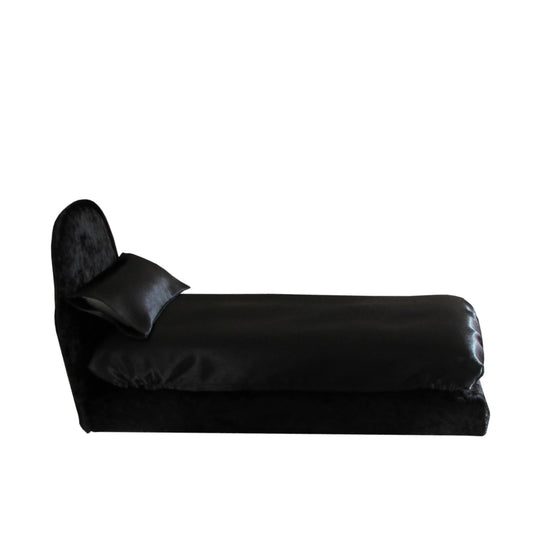 Black Satin Doll Fitted Sheet, Pillow, and Black Crushed Velvet Doll Bed foar 11.5-inch and 12-inch dolls
