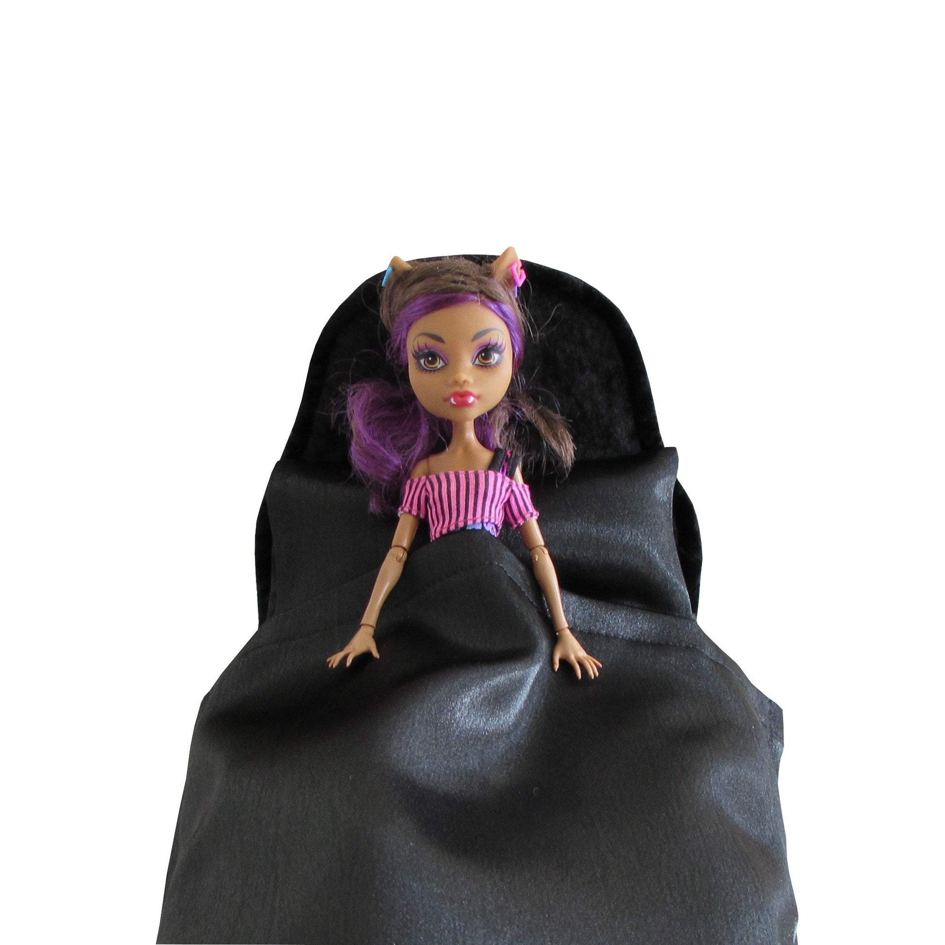 Black Satin Doll Fitted Sheet, Pillow, and Black Crushed Velvet Doll Bed for 11.5-inch and 12-inch dolls with Monster High doll