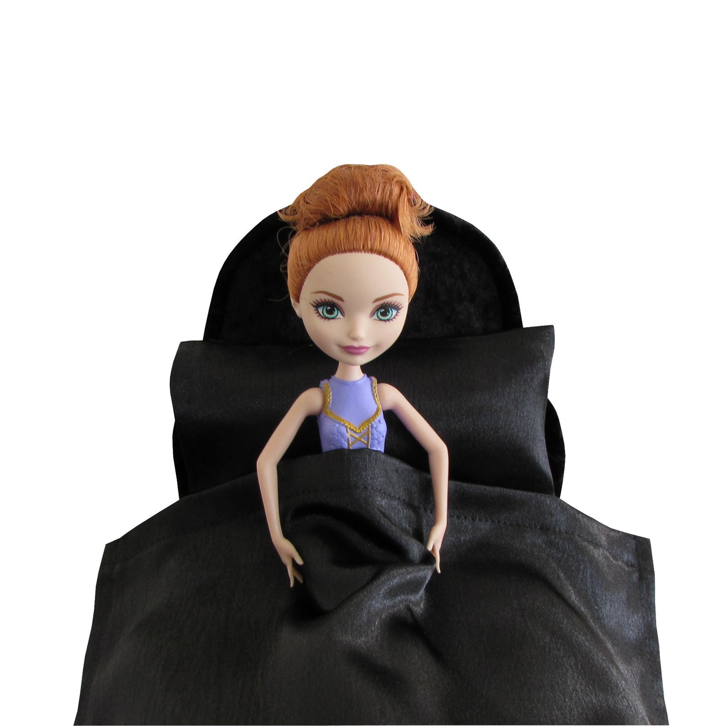 Black Satin Doll Fitted Sheet, Pillow, and Black Crushed Velvet Doll Bed for 11.5-inch and 12-inch dolls with ballerina doll