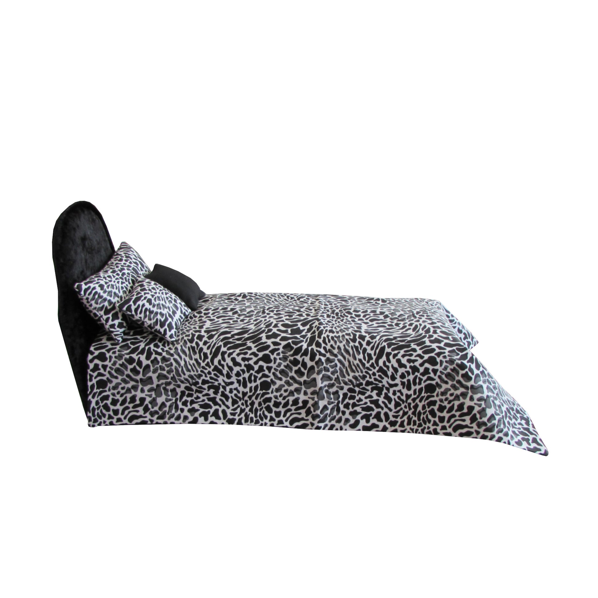 Black, White, and Gray Animal Print Doll Bedding and Black Crushed Velvet Doll Bed for 11.5-inch and 12-inch dolls