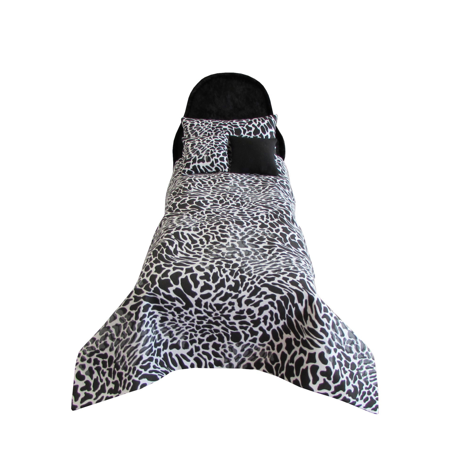Black, White, and Gray Animal Print Doll Bedding and Black Crushed Velvet Doll Bed for 11.5-inch and 12-inch dolls Second view