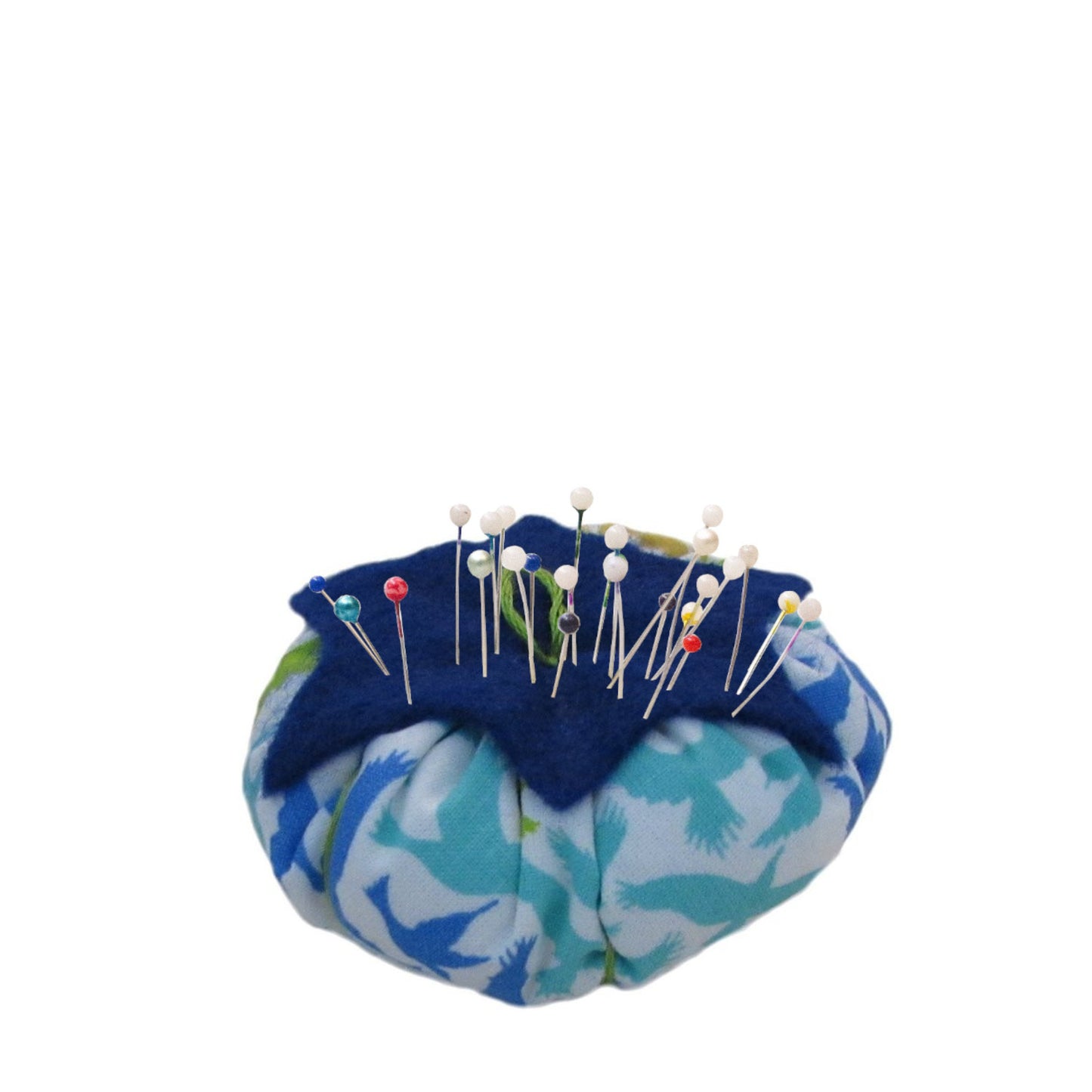 Blue Top Birds Print Tomato Pincushion with pins