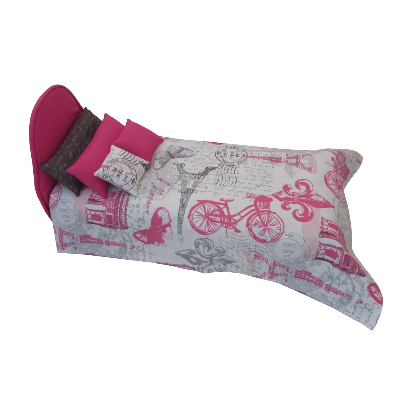 Bright Pink Doll Bed Paris Print Doll Bedding for 11.5-inch and 12-inch dolls