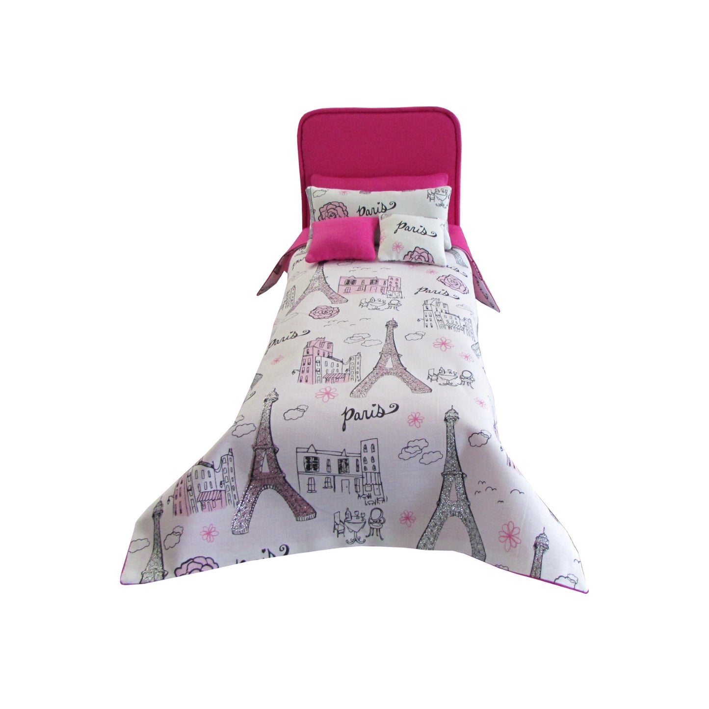 Bright Pink Doll Bed and Paris Doll Bedding for 11.5-inch and 12-inch dolls Second view