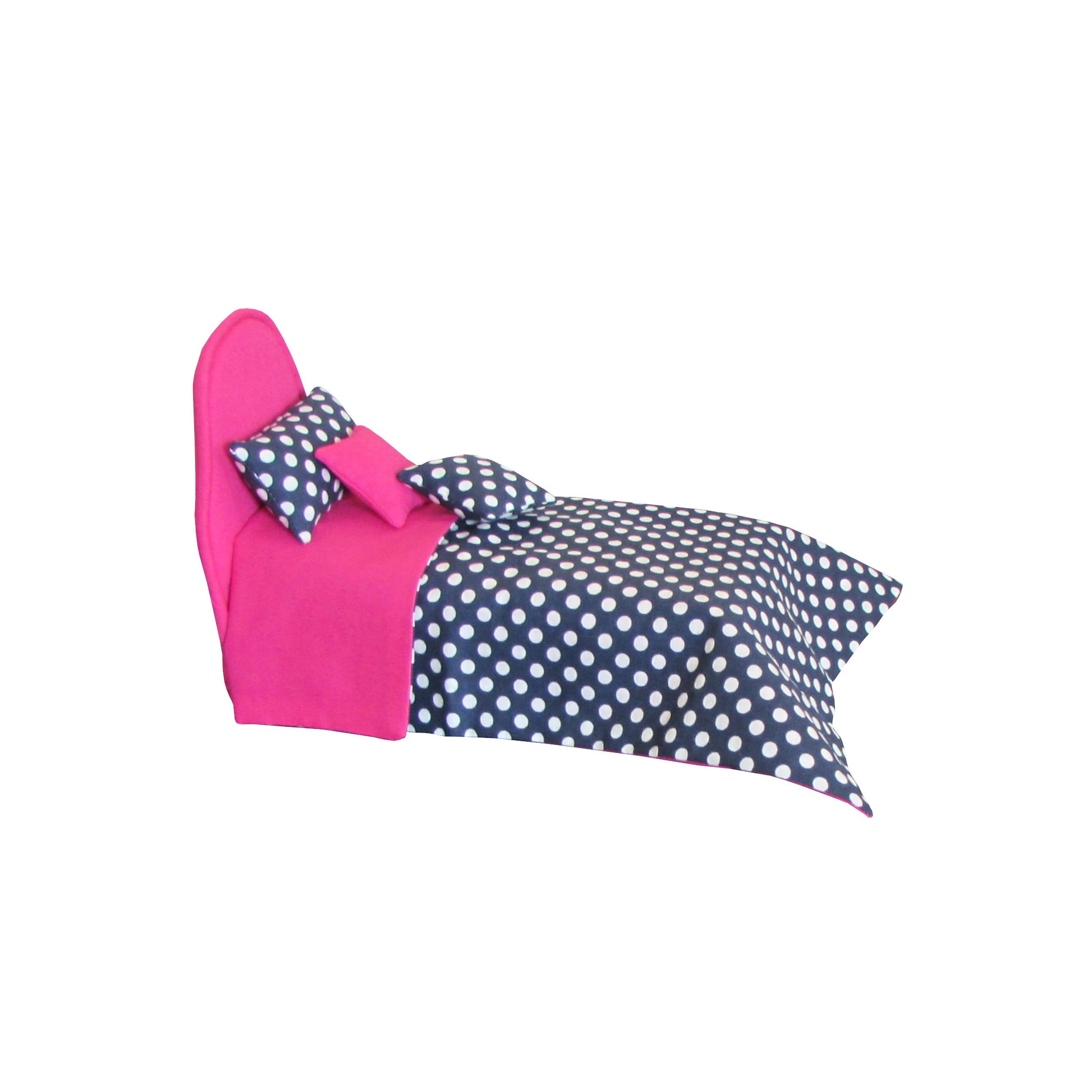 Bright Pink Doll Bed and Dots Dark Blue Doll Bedding for 6.5-inch dolls