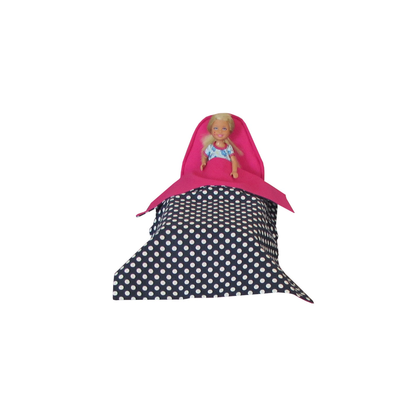 Bright Pink Doll Bed and Dots Dark Blue Doll Bedding for 6.5-inch dolls with doll