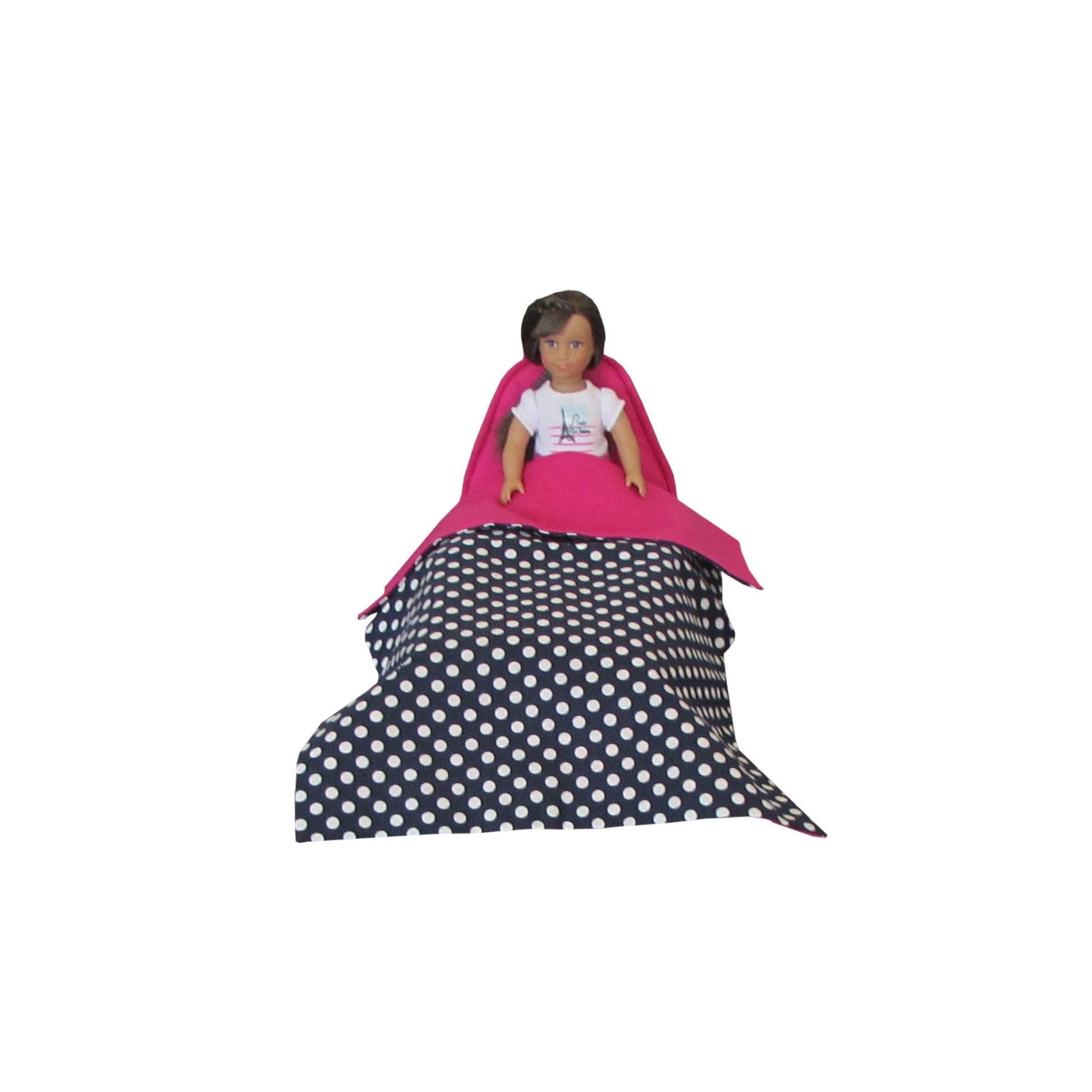 Bright Pink Doll Bed and Dots Dark Blue Doll Bedding for 6.5-inch dolls with doll Second view