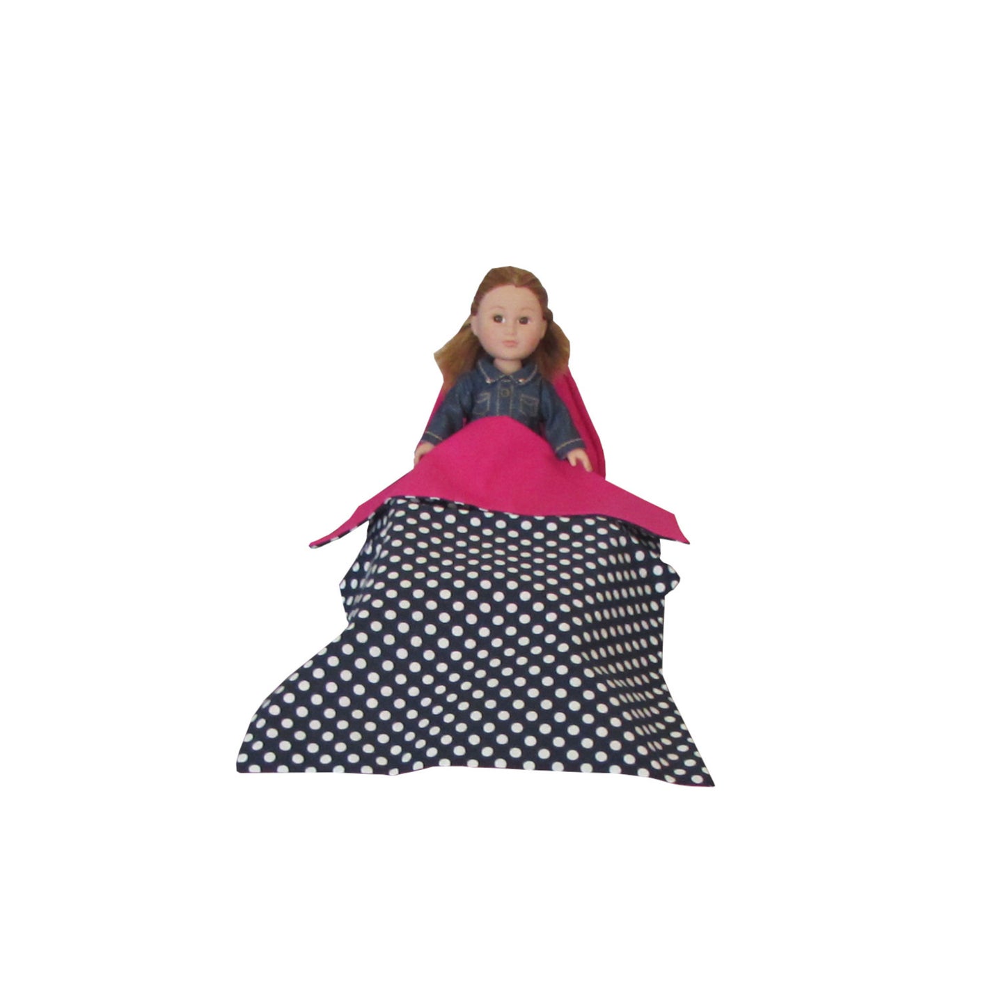 Bright Pink Doll Bed and Dots Dark Blue Doll Bedding for 6.5-inch dolls with doll Third view