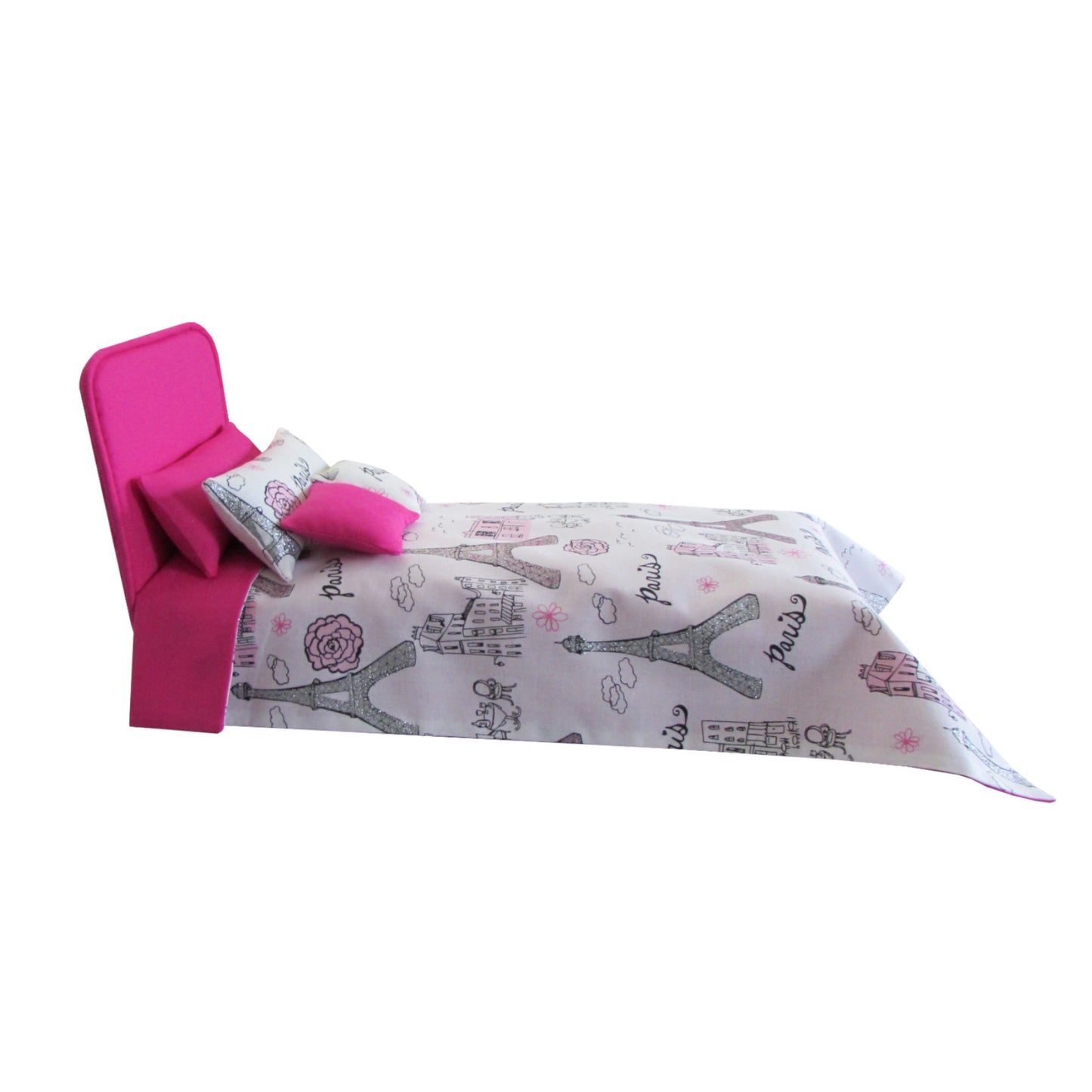 Bright Pink Doll Bed and Paris Doll Bedding for 11.5-inch and 12-inch dolls