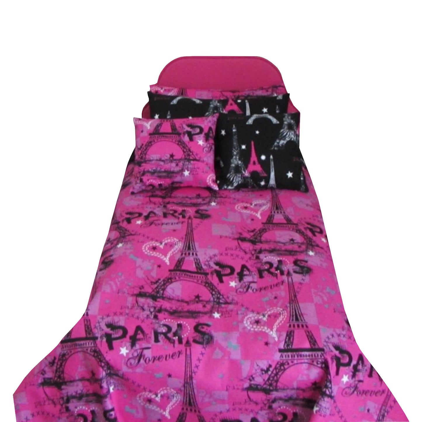 Bright Pink Doll Bed and Pink Paris Doll Bedding for 18-inch dolls