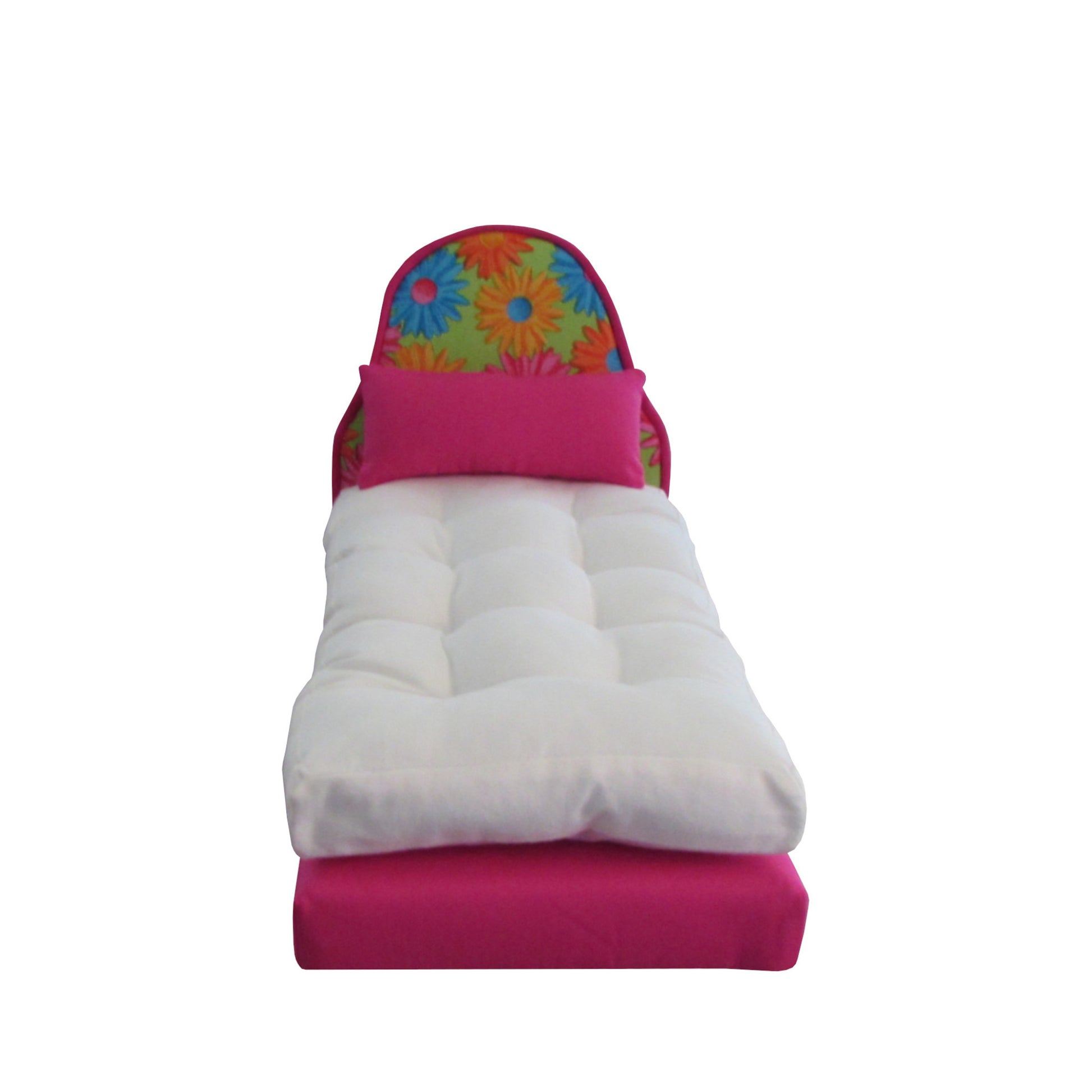 Bright Pink Doll Bed with Orange Turquoise Floral Headboard, Pillow, and Mattress for 11.5-inch and 12-inch dolls Front view