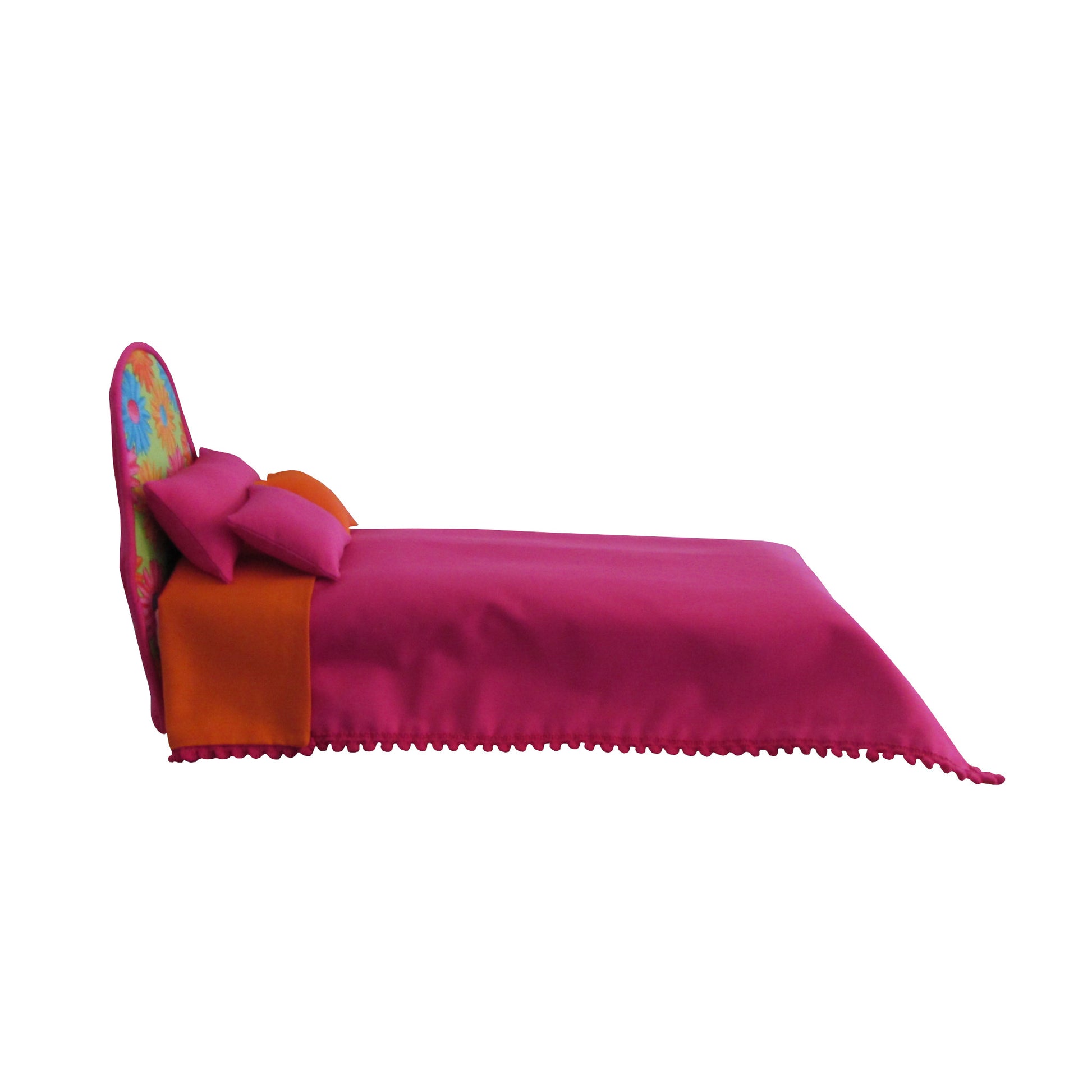Bright Pink Doll Bed with Orange Turquoise Floral Headboard and Pink Bedding for 11.5-inch and 12-inch dolls Side view