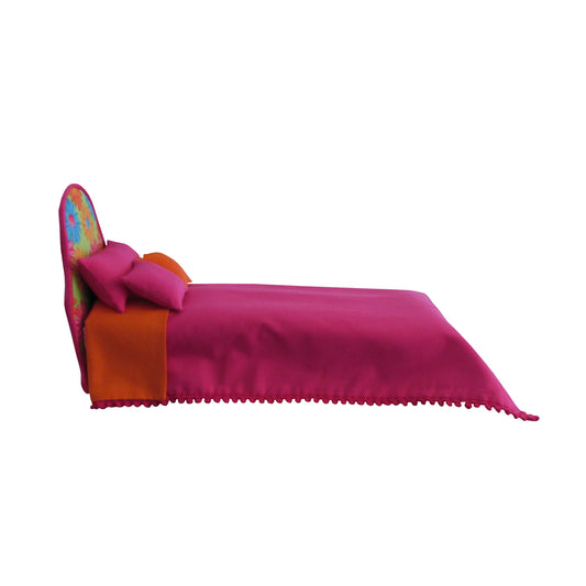 Bright Pink Doll Bed with Orange Turquoise Floral Headboard and Pink Bedding for 11.5-inch and 12-inch dolls Side view