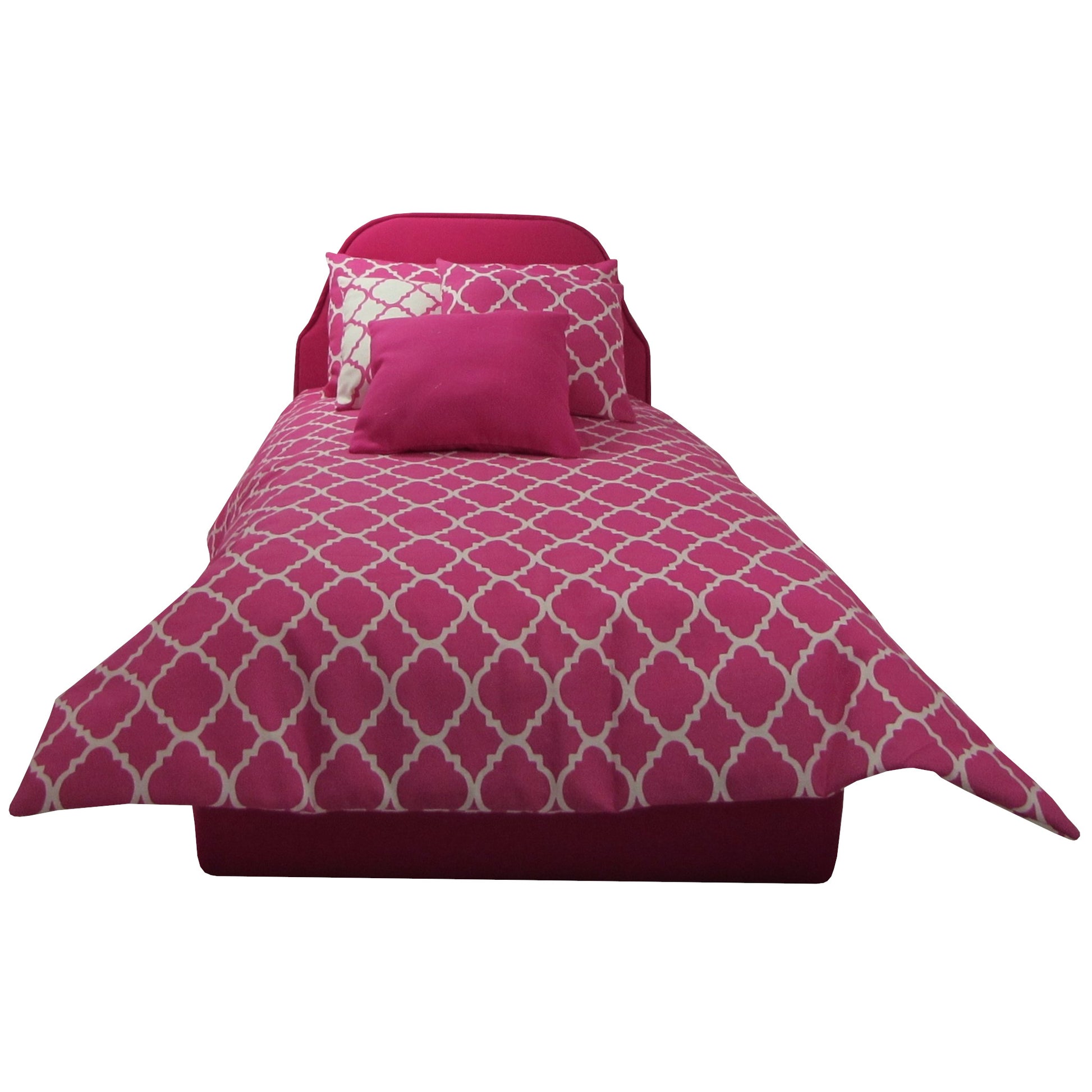 Bright Pink Doll Bed with Pink Print Doll Comforter for 18-inch dolls Second view