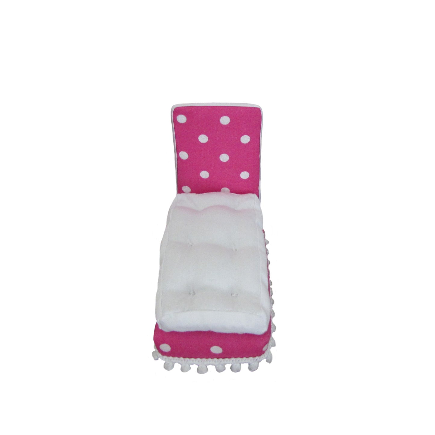 Bright Pink Dots Upholstered Doll Bed and Mattress for White Dots Doll Bedspread for 3-inch dolls