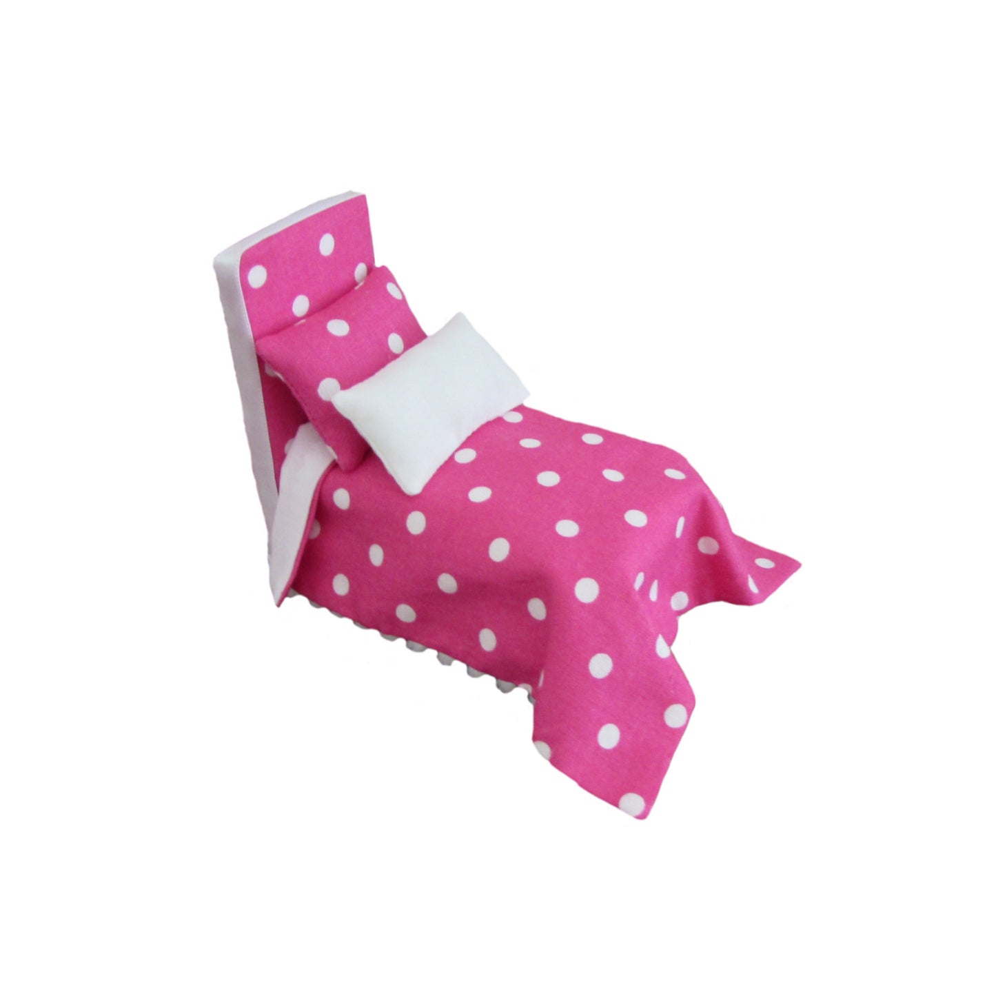 Bright Pink Dots Upholstered Doll Bed with White Dots Doll Bedspread for 3-inch dolls