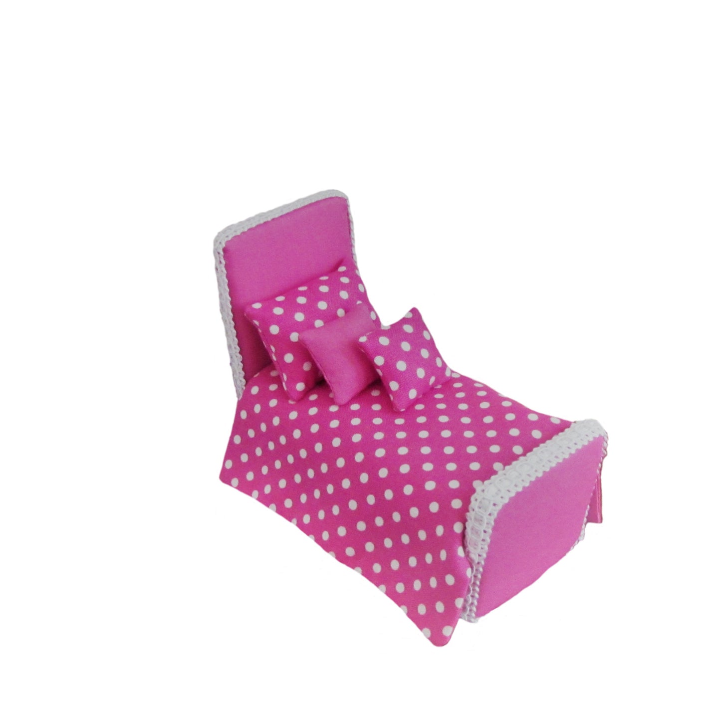 Bright Pink Upholstered Doll Bed and White Dots Doll Bedding for 3-inch dolls