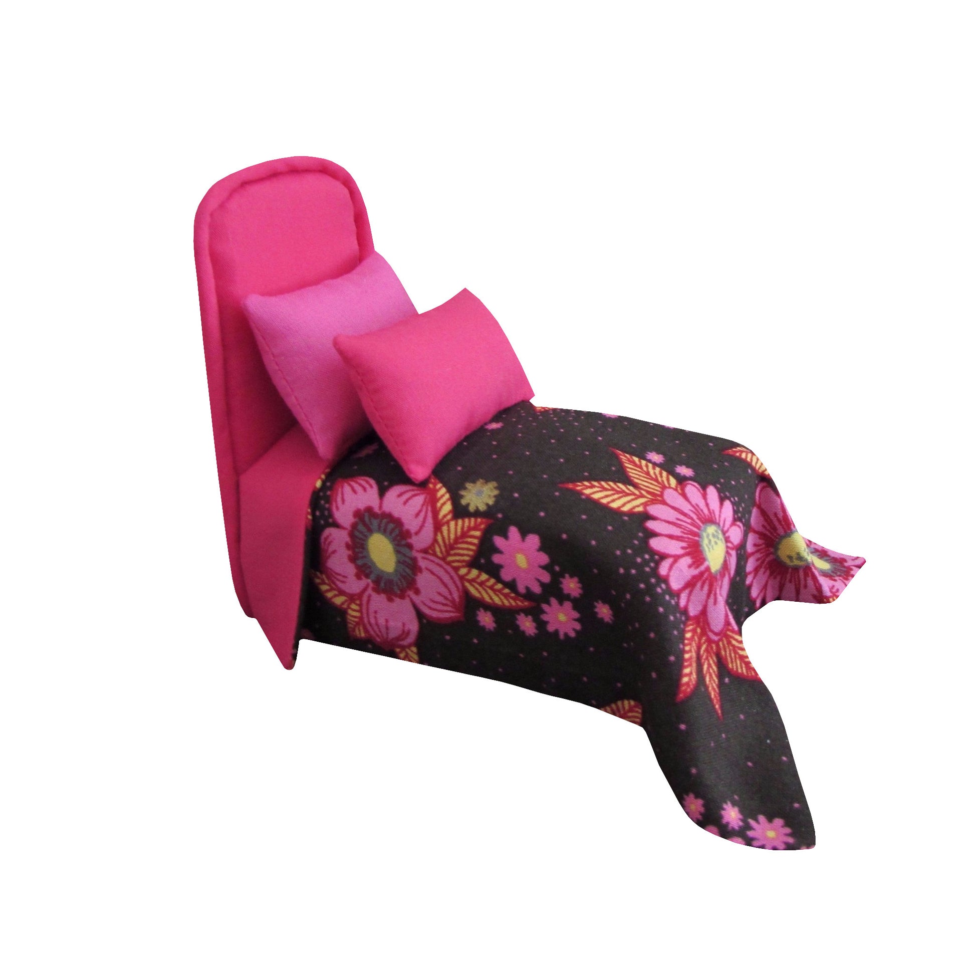 Bright Pink Upholstered Doll Bed with Floral Bedspread for 3-inch dolls