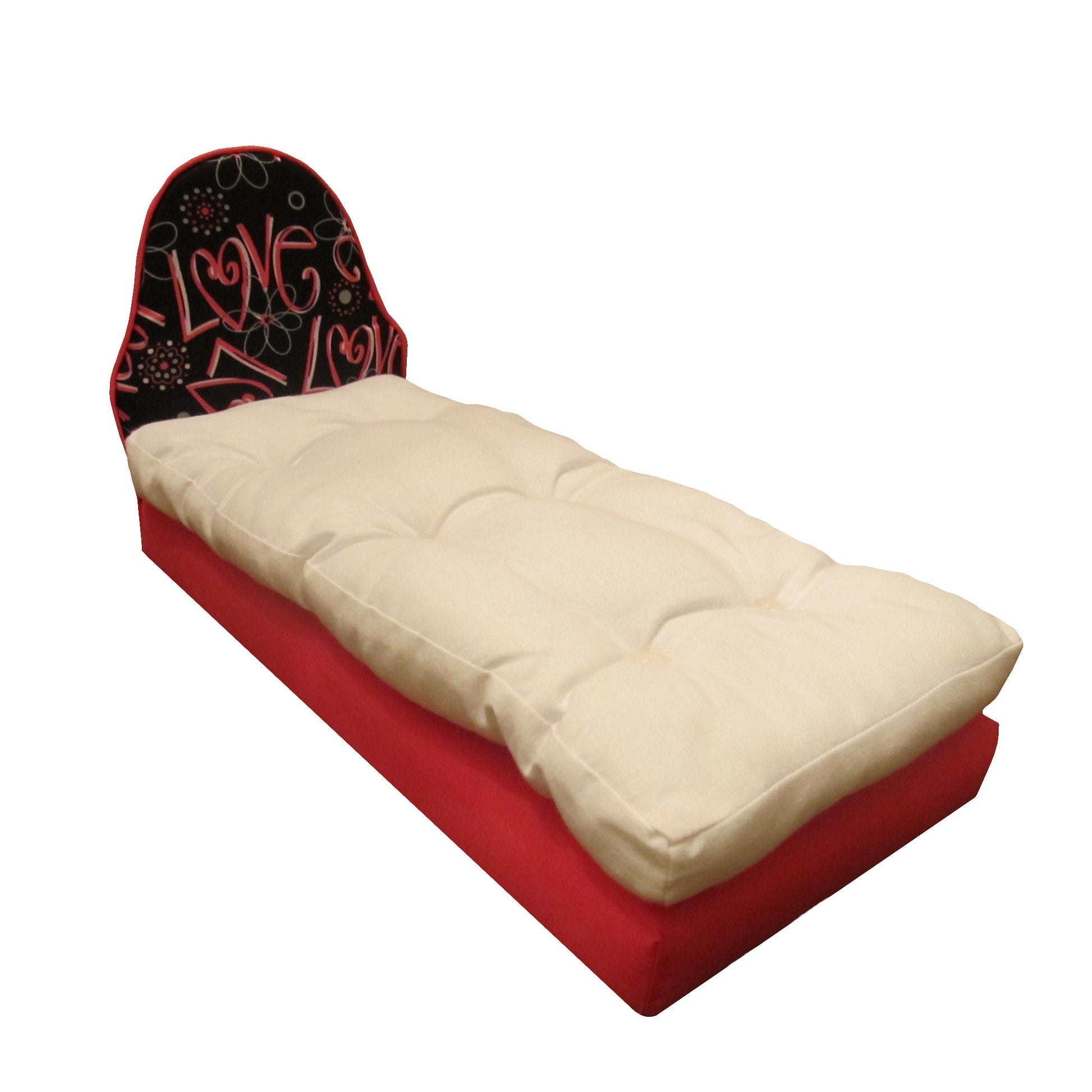 Bright Pink Upholstered Love Headboard Doll Bed and Mattress for 11.5-inch and 12-inch dolls