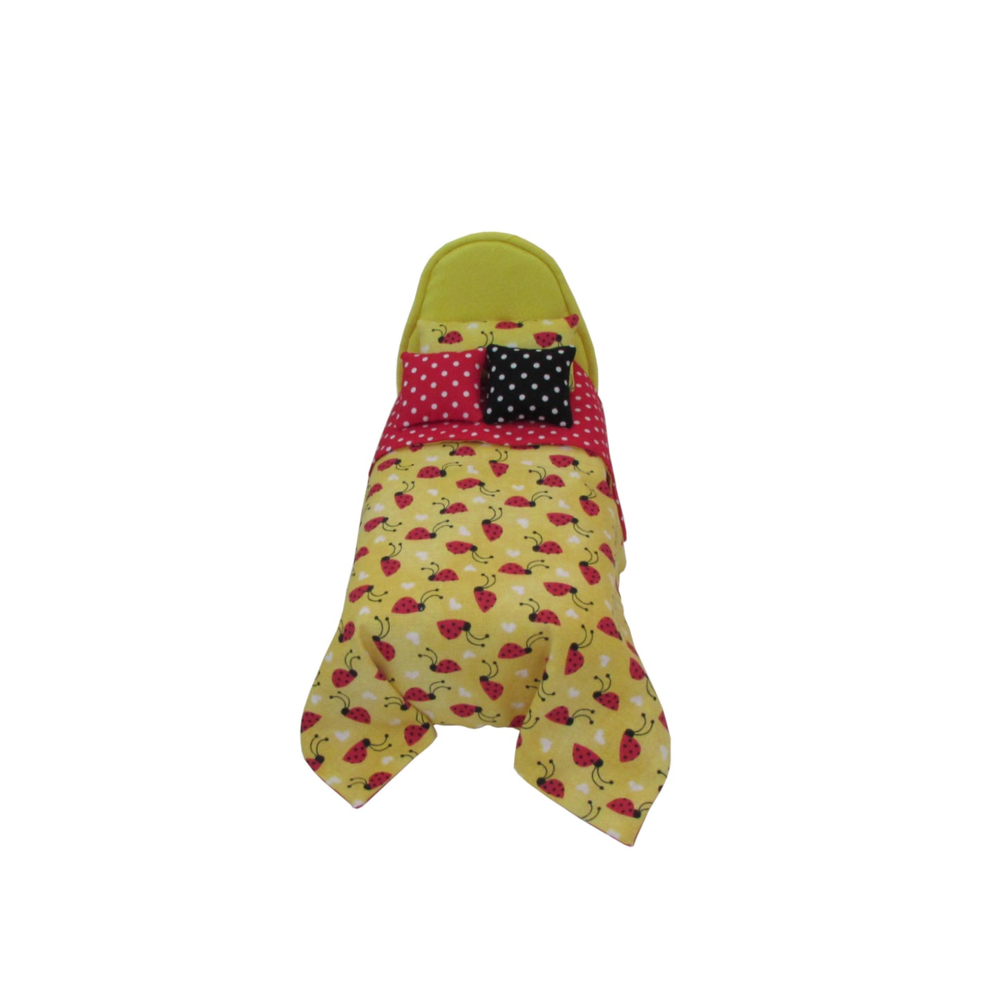 Bright Yellow Doll Bed and Reversible Ladybug Doll Bedding for 6.5-inch dolls Second view