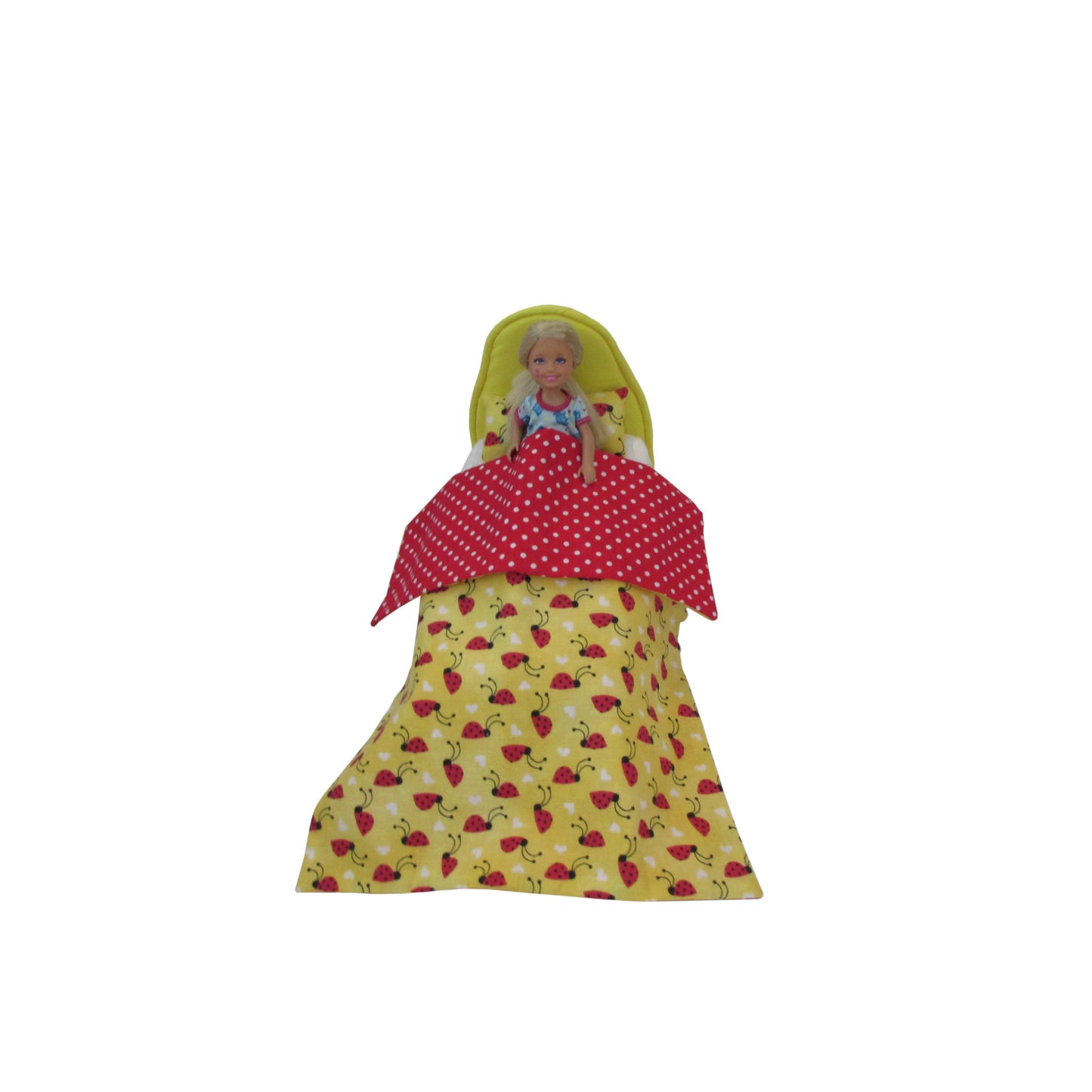 Bright Yellow Doll Bed and Reversible Ladybug Doll Bedding for 6.5-inch dolls with doll