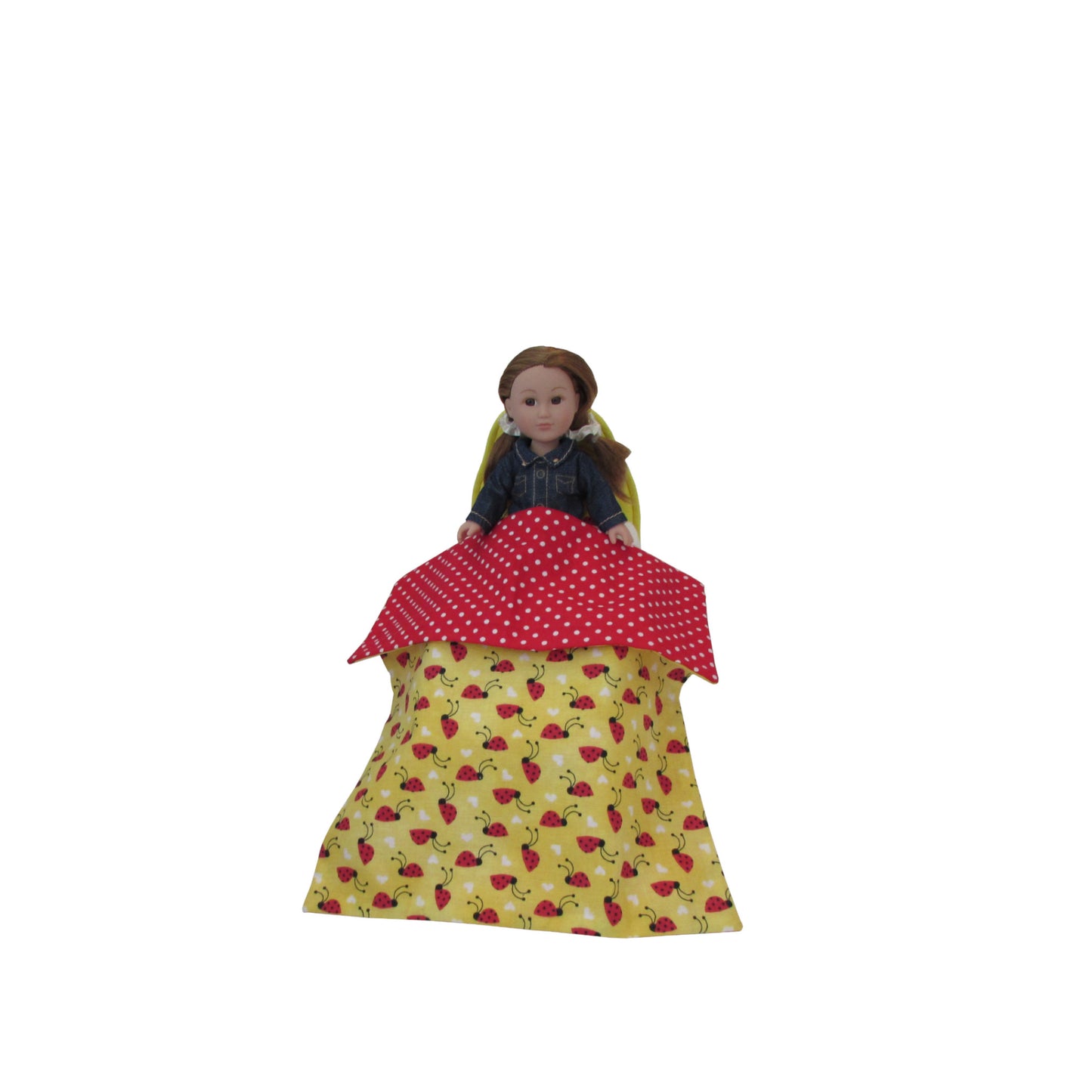 Bright Yellow Doll Bed and Reversible Ladybug Doll Bedding for 6.5-inch dolls with doll Second view