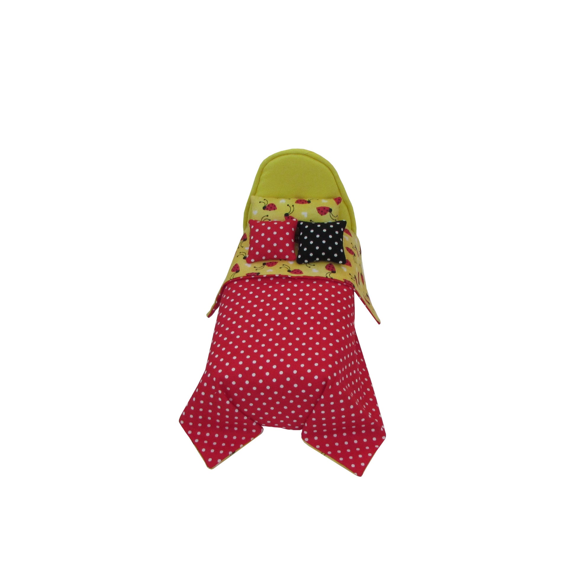 Bright Yellow Doll Bed and White Dots on Red Bedding for 6.5-inch dolls Second view