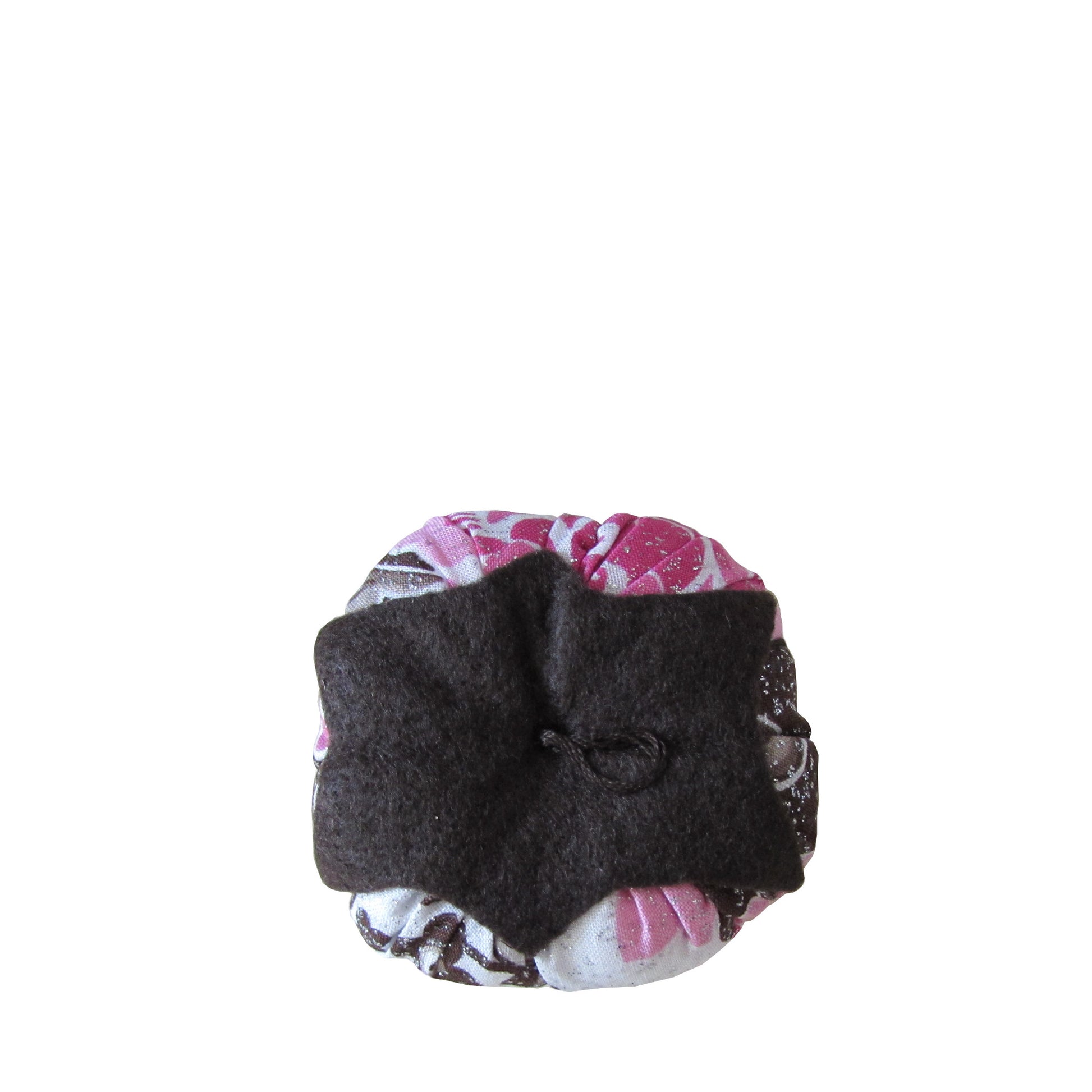 Brown Top Brown and Pink Floral Print Tomato Pincushion top view