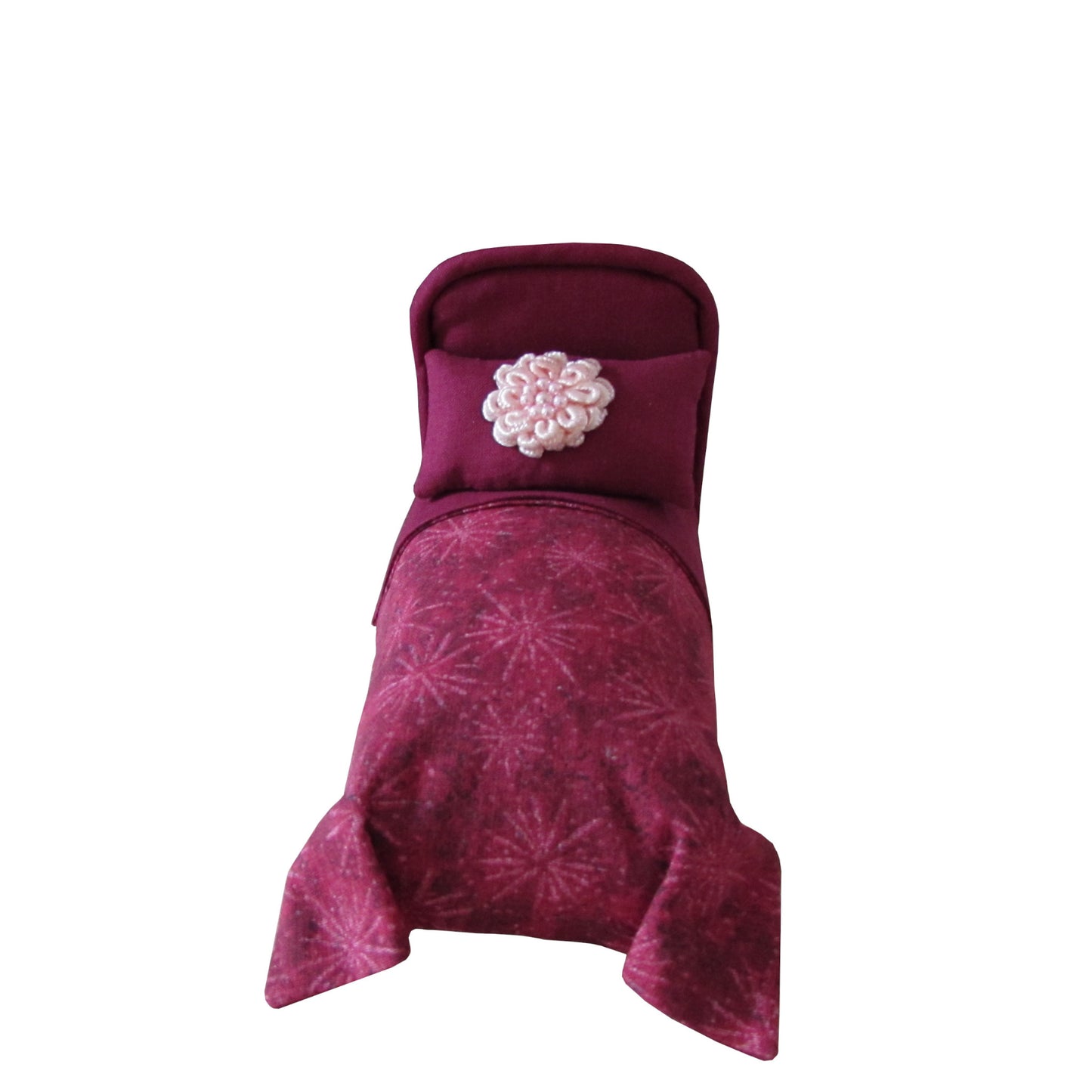 Burgundy Pincushion Bed with Bedding Front view