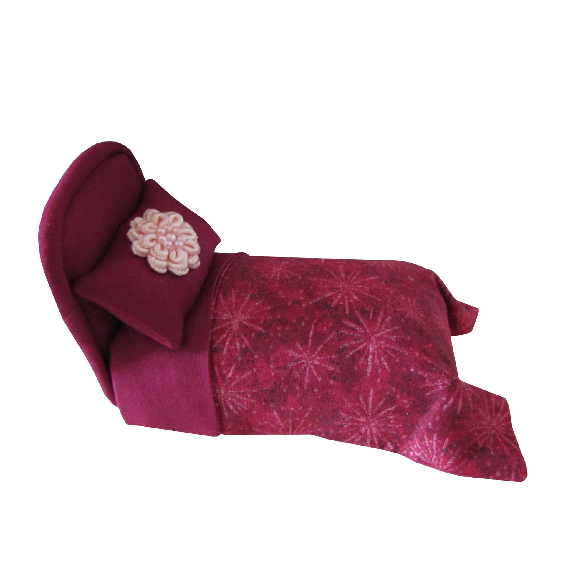 Burgundy Pincushion Bed with Bedding Side view