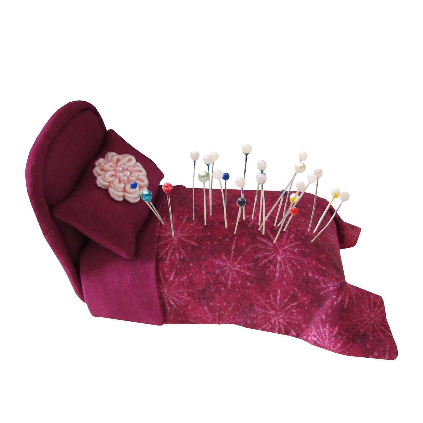 Burgundy Pincushion Bed with Bedding Side view with pins