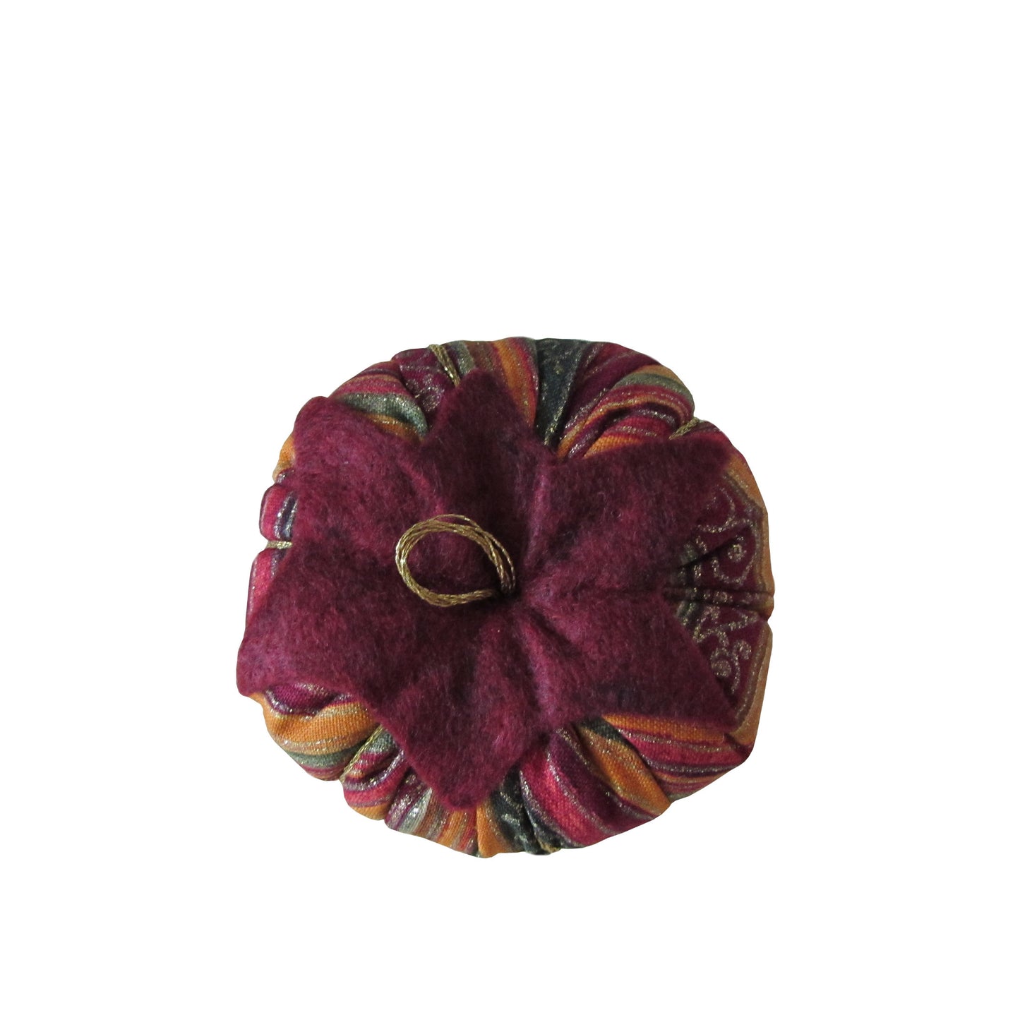 Burgundy Top Gold and Burgundy Striped Print Tomato Pincushion top view