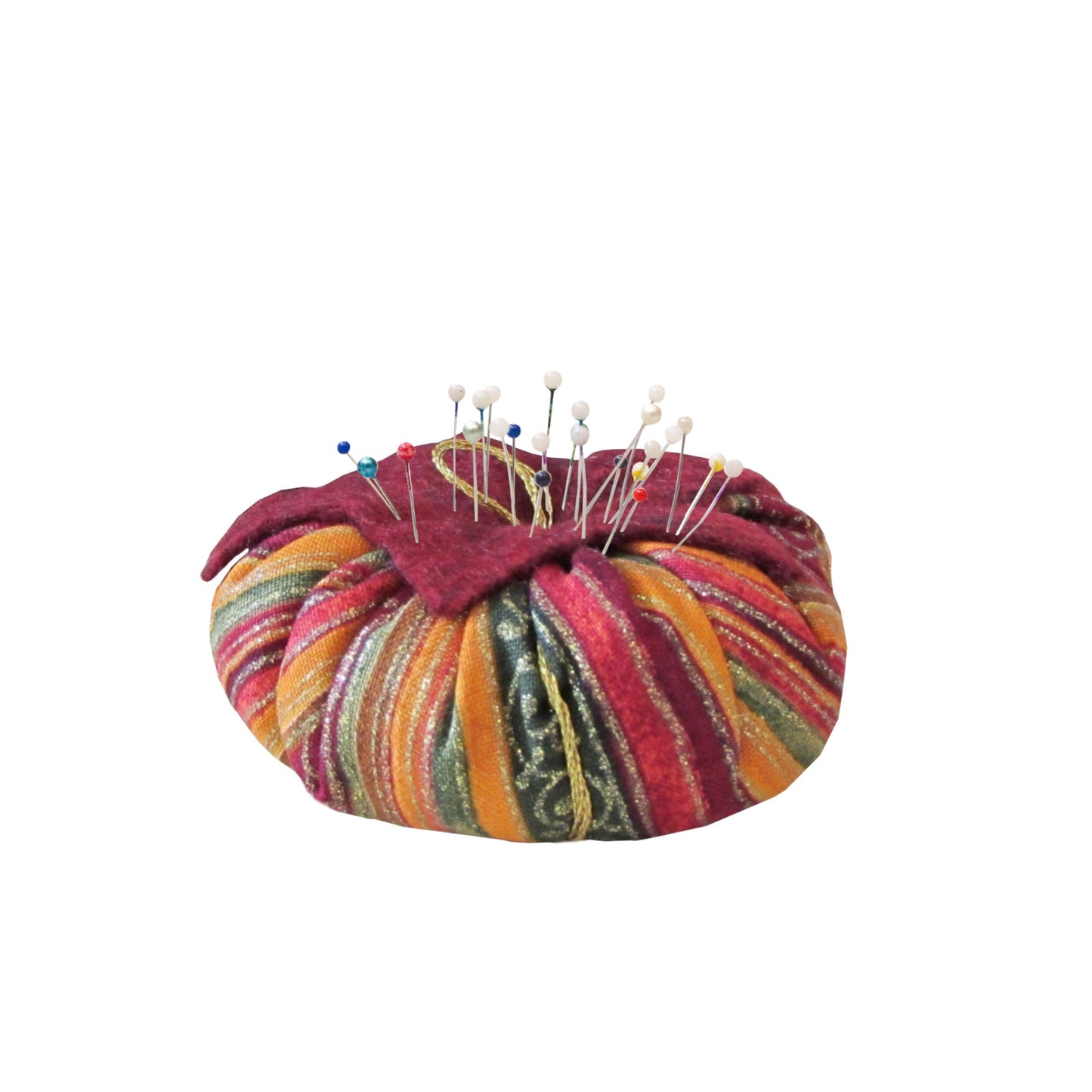 Burgundy Top Gold and Burgundy Striped Print Tomato Pincushion with pins