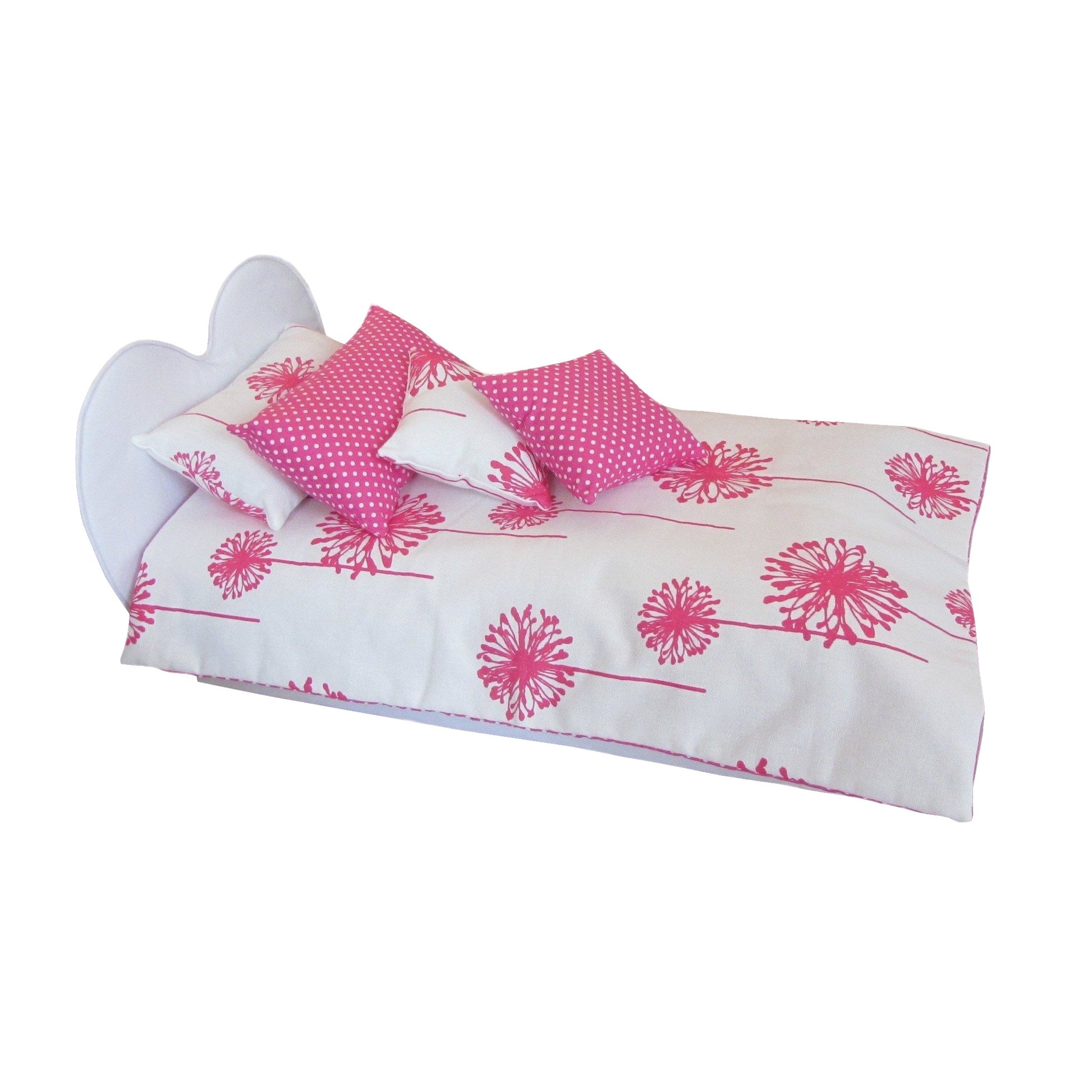 Candy Pink Dandelion Doll Comforter and White Heart Upholstered Bed for 18-inch dolls