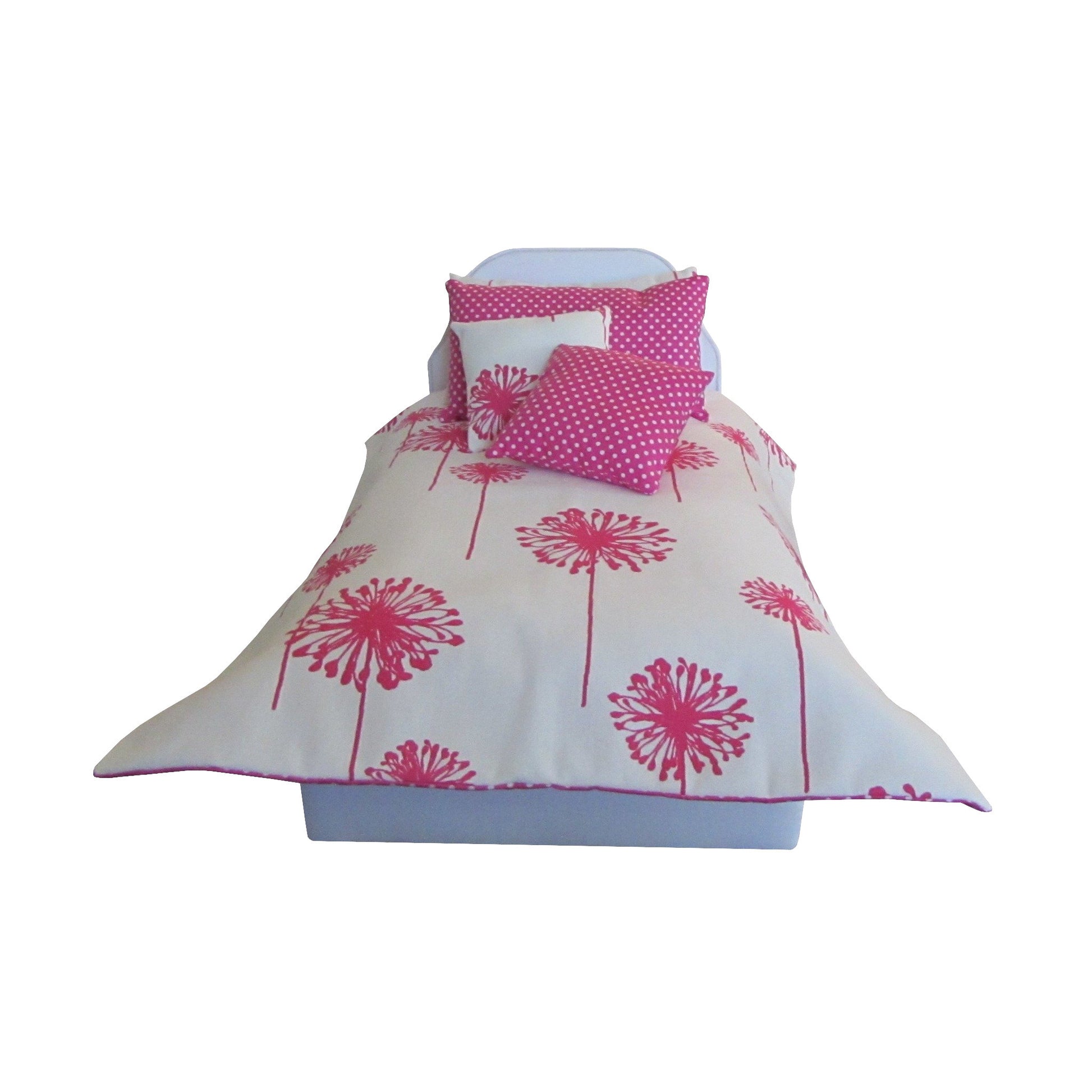 Candy Pink Dandelion Doll Comforter and White Upholstered Doll Bed for 18-inch dolls