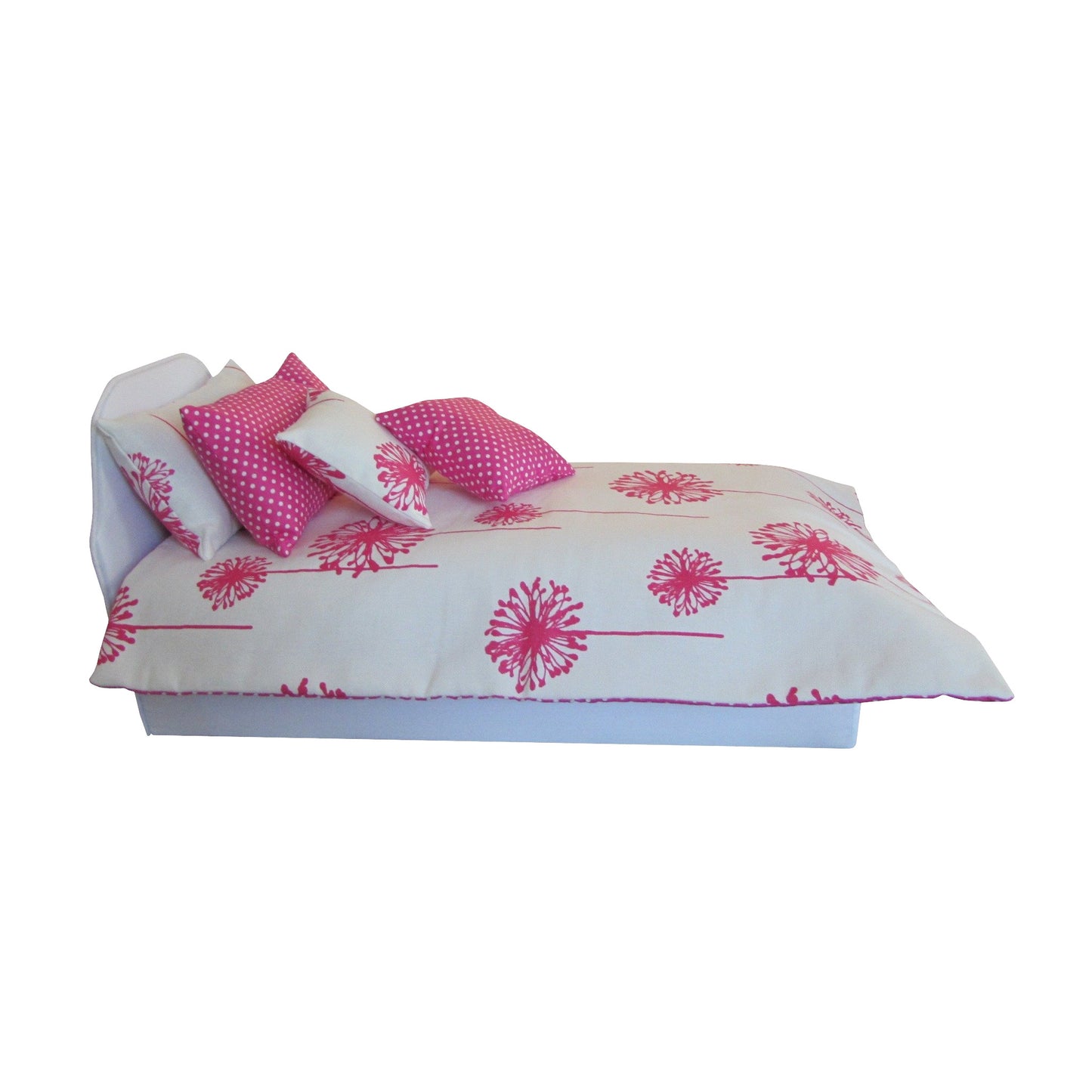 Candy Pink Dandelion Doll Comforter and White Upholstered Doll Bed for 18-inch dolls Second view