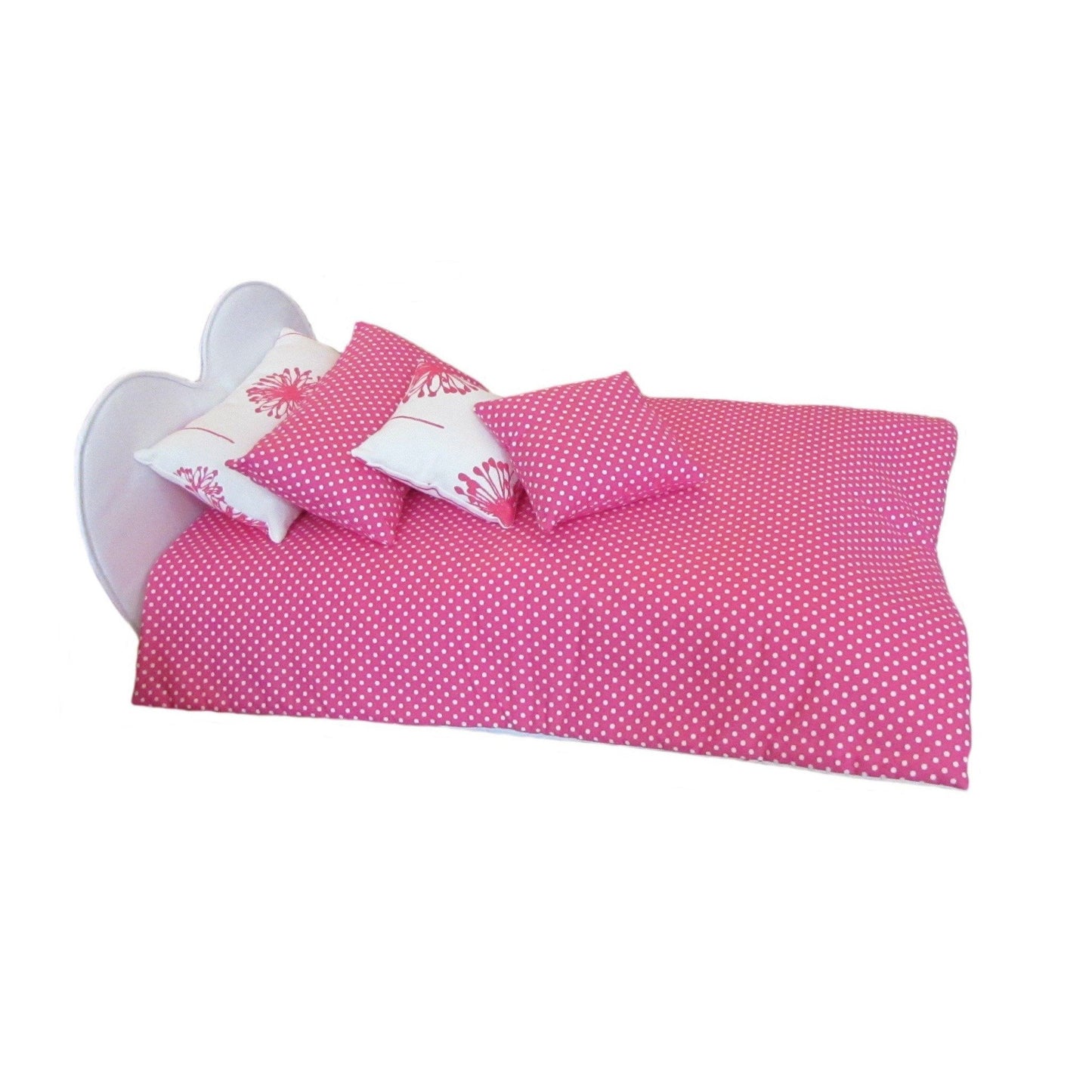 Candy Pink Dandelion Doll Pillows, White Dots on Pink Doll Comforter, and White Heart Doll Bed for 18-inch dolls