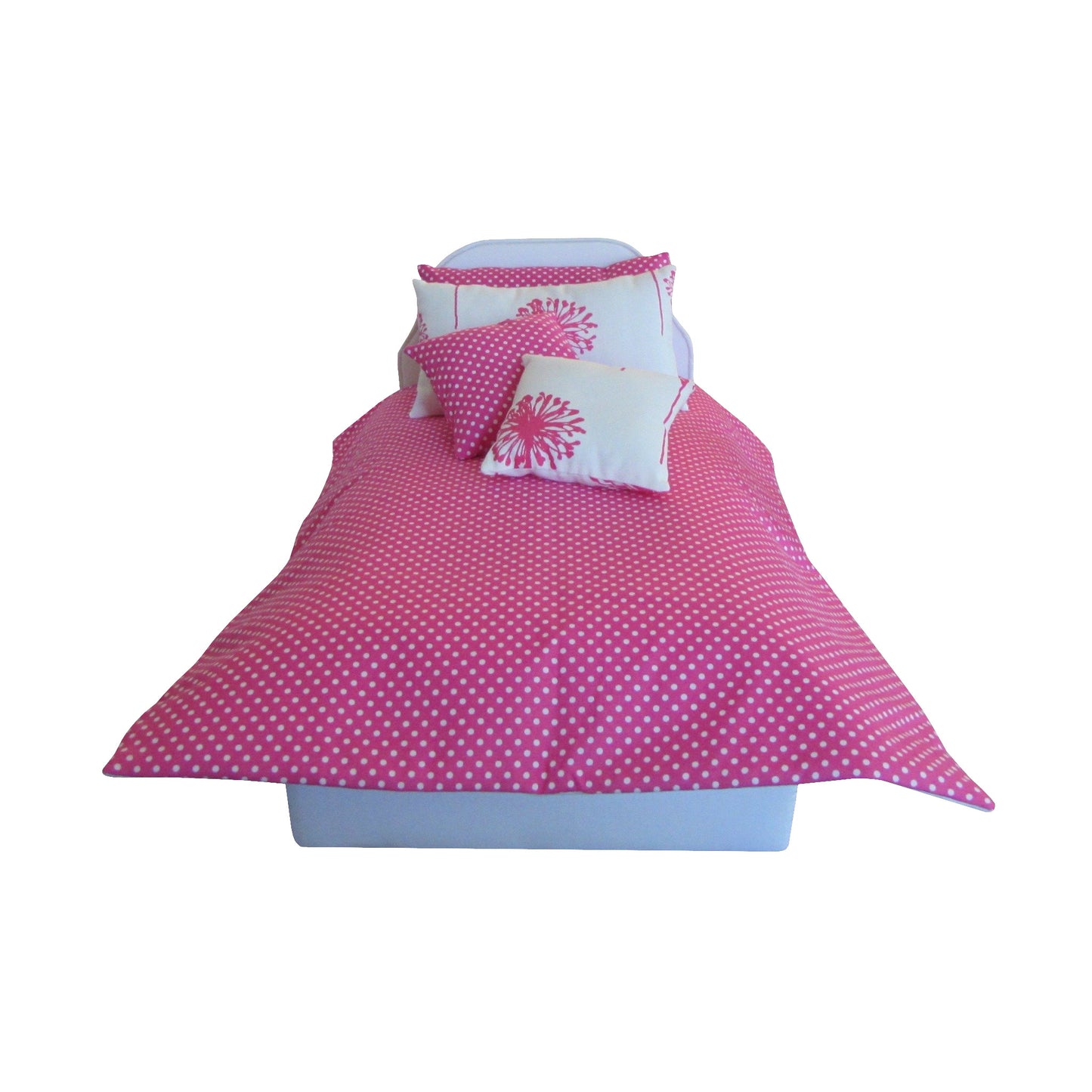 Candy Pink Dandelion Doll Pillows and White Dots on Pink Doll Comforter for 18-inch dolls
