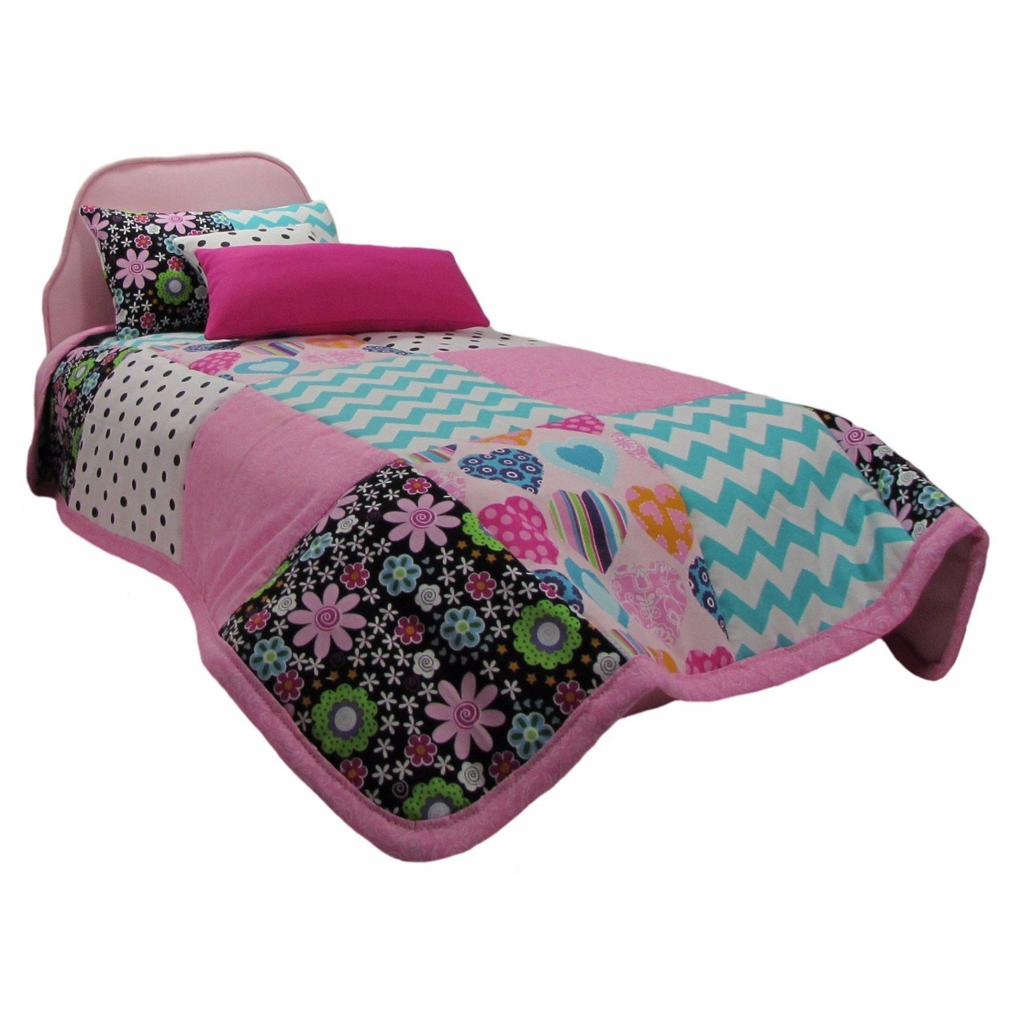 Floral, Dots, and Chevron Doll Quilt and Upholstered Pink Doll Bed for 18-inch dolls