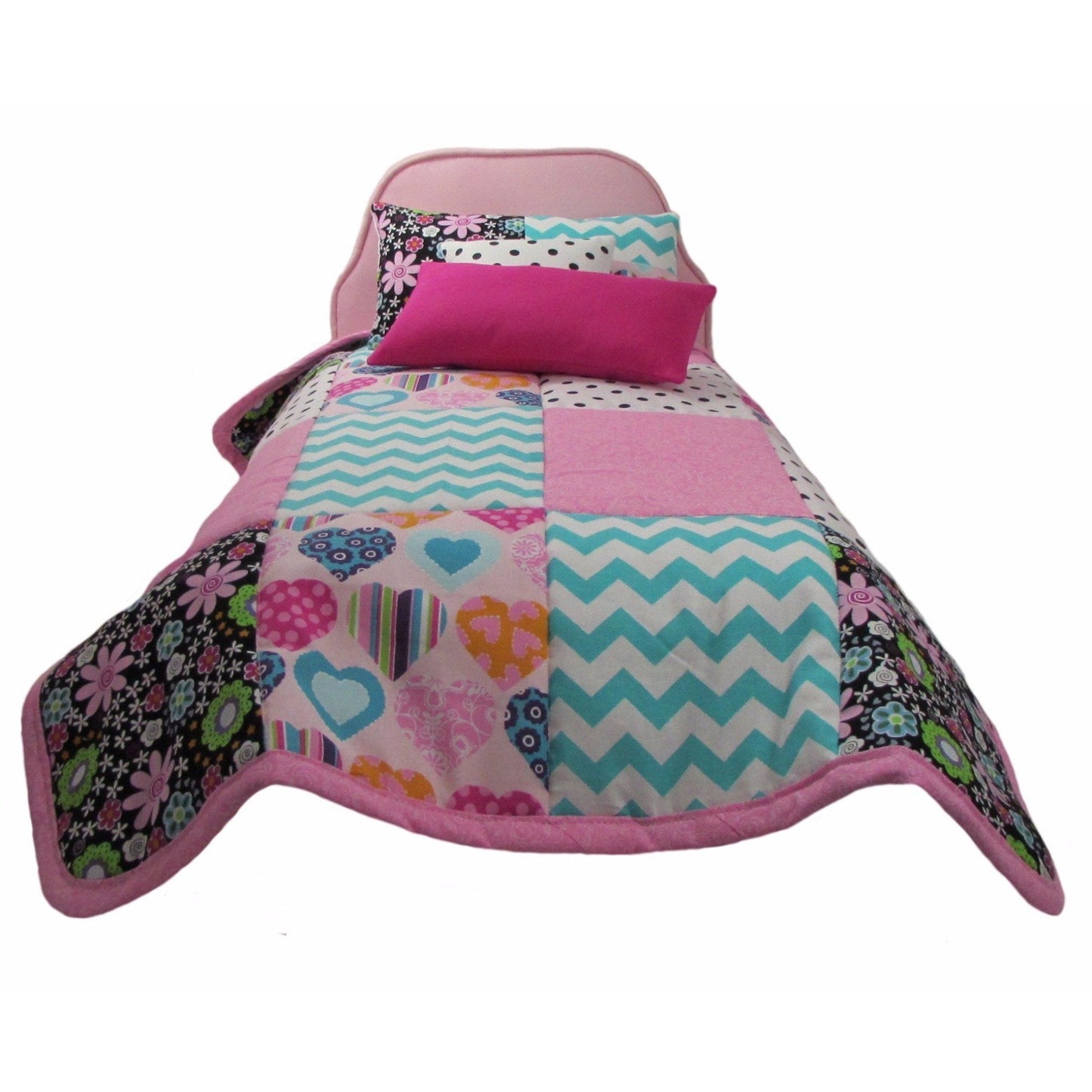 Floral, Dots, and Chevron Doll Quilt and Upholstered Pink Doll Bed for 18-inch dolls Second view
