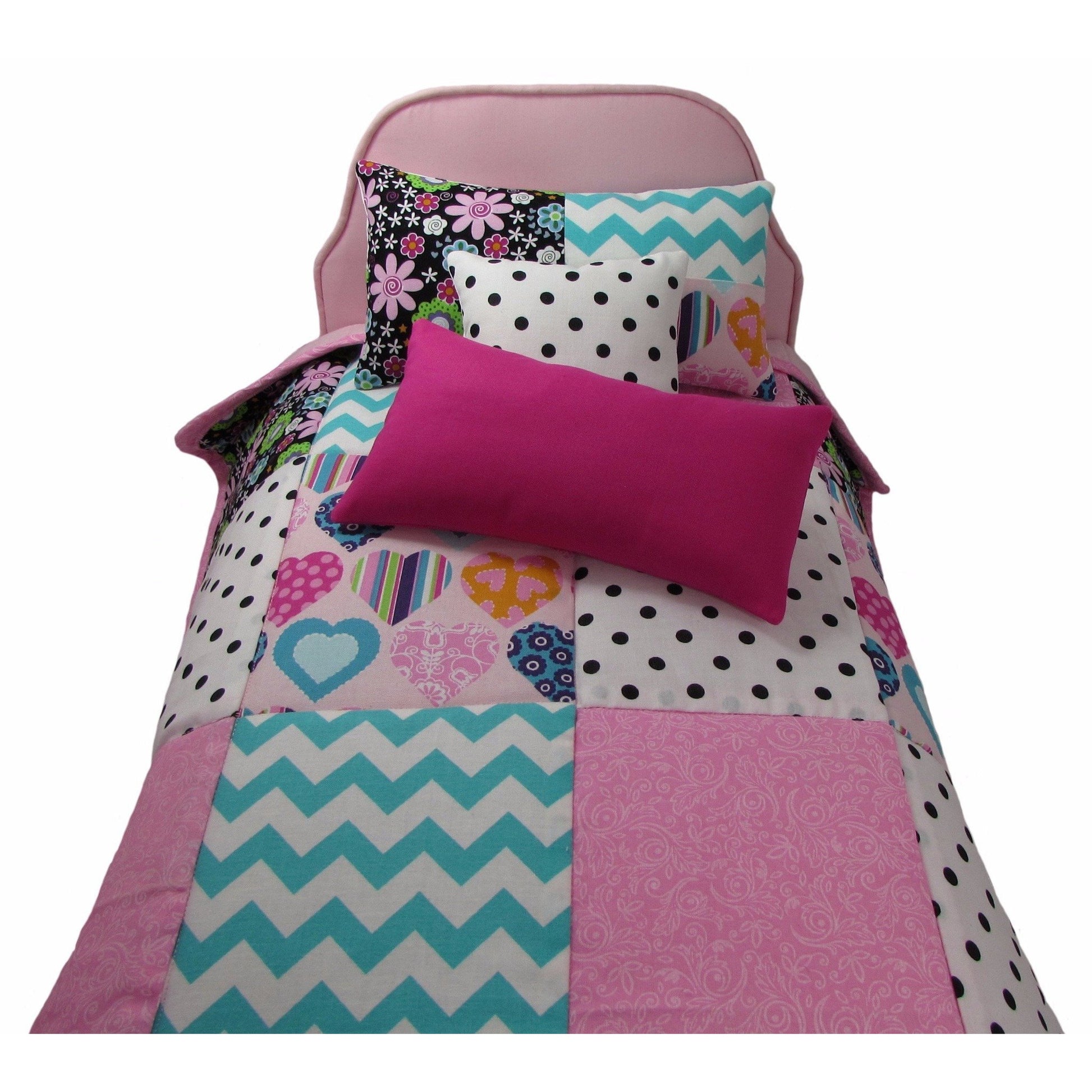 Floral, Dots, and Chevron Doll Quilt and Upholstered Pink Doll Bed for 18-inch dolls Up Close