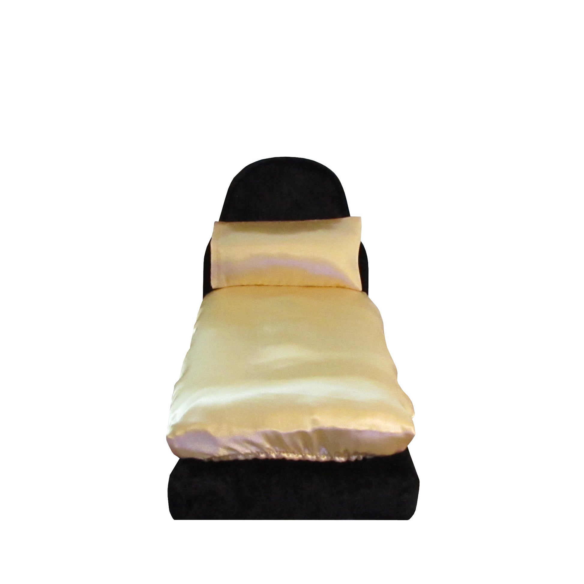 Gold Satin Fitted Sheet and Pillowcase with Black Crushed Velvet Doll Bed for 11.5-inch and 12-inch dolls Front view