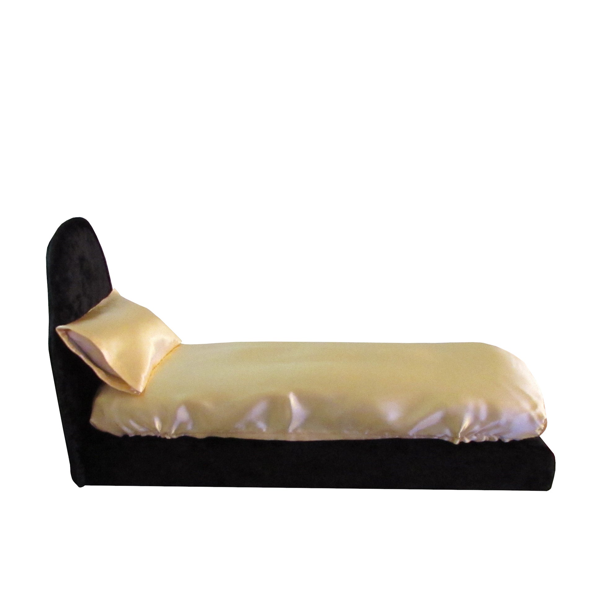 Gold Satin Fitted Sheet and Pillowcase with Black Crushed Velvet Doll Bed for 11.5-inch and 12-inch dolls Side view