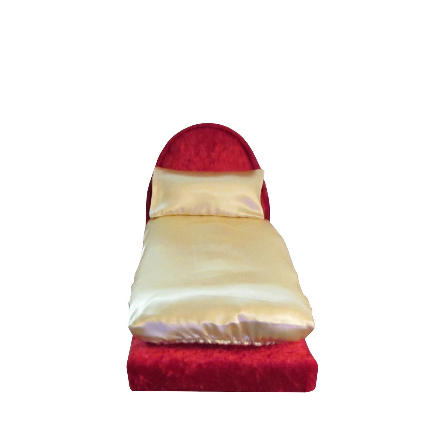 Gold Satin Fitted Sheet and Pillowcase with Red Crushed Velvet Doll Bed for 11.5-inch and 12-inch dolls Front view