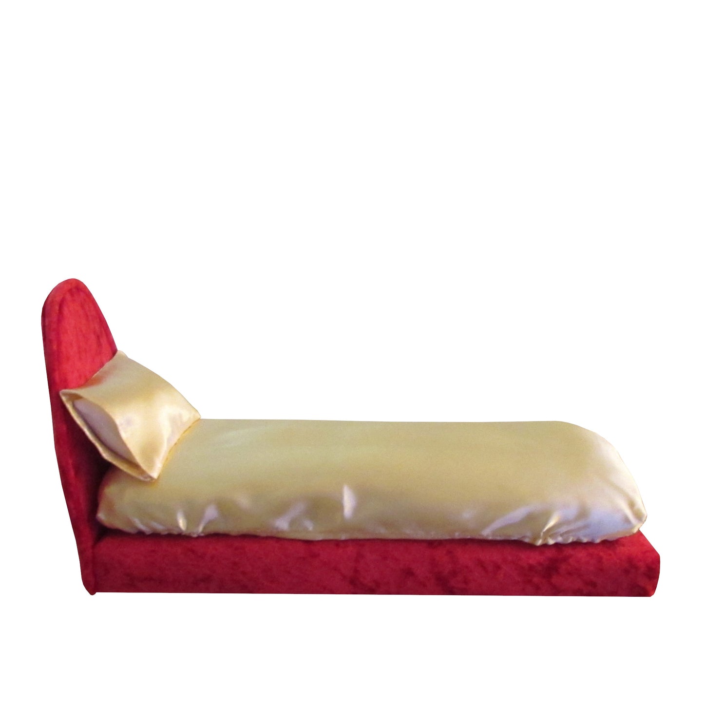 Gold Satin Fitted Sheet and Pillowcase with Red Crushed Velvet Doll Bed for 11.5-inch and 12-inch dolls Side view