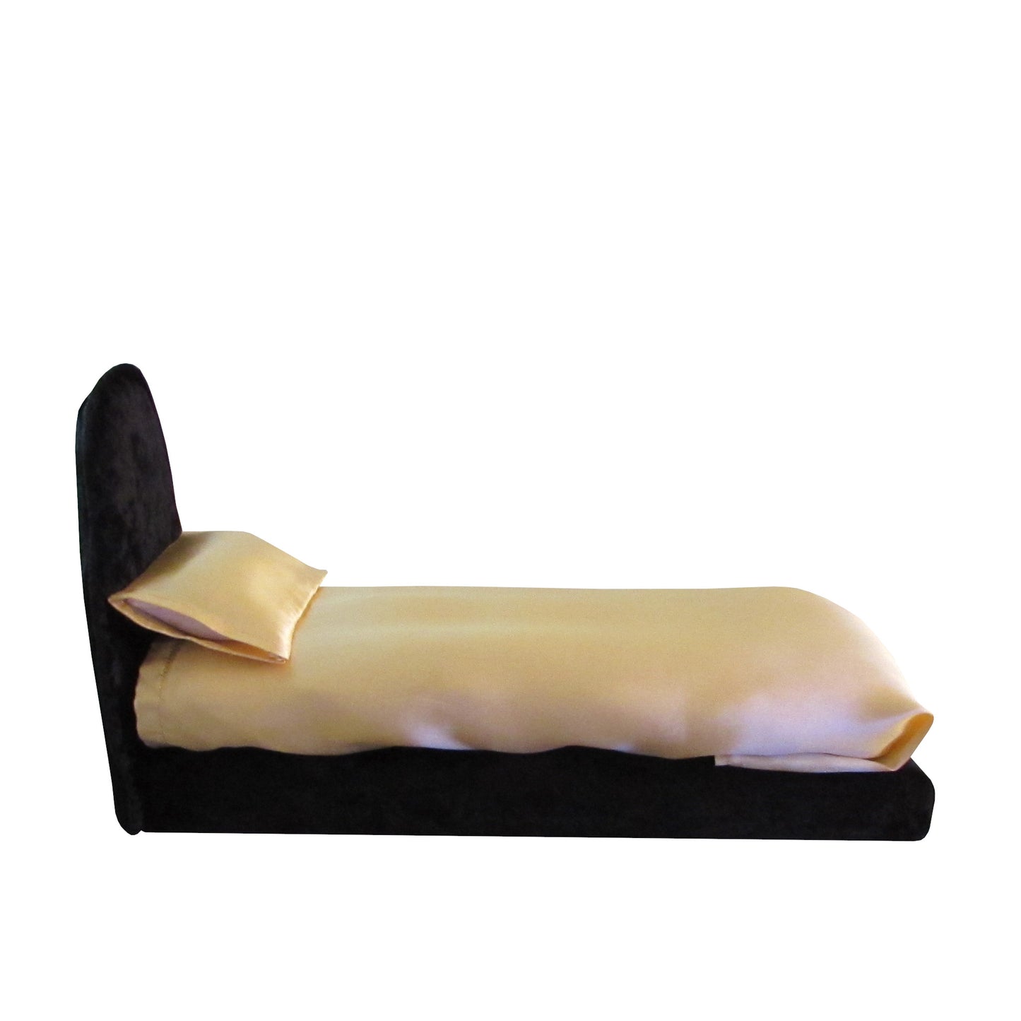 Gold Satin Fitted, Flat Sheet, and Pillowcase with Black Crushed Velvet Doll Bed for 11.5-inch and 12-inch dolls Side view