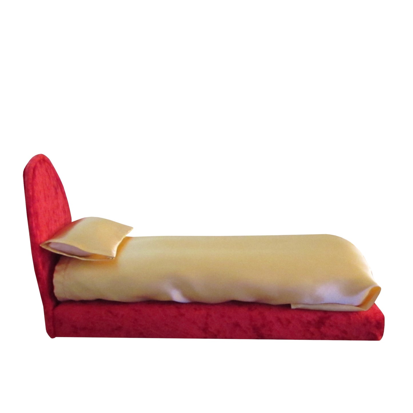 Gold Satin Fitted, Flat Sheet, and Pillowcase with Red Crushed Velvet Doll Bed for 11.5-inch and 12-inch dolls Side view